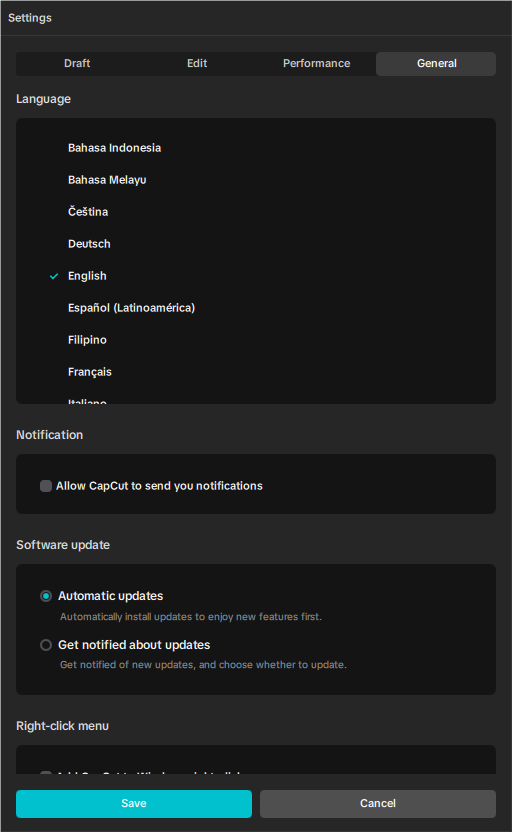 Change language in CapCut desktop settings