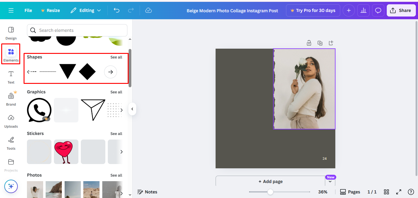 Adding a shape to wrap text around an image in Canva