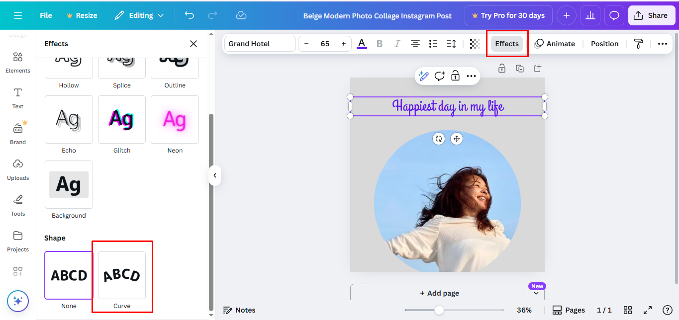 Using the Curve text tool to wrap text in Canva
