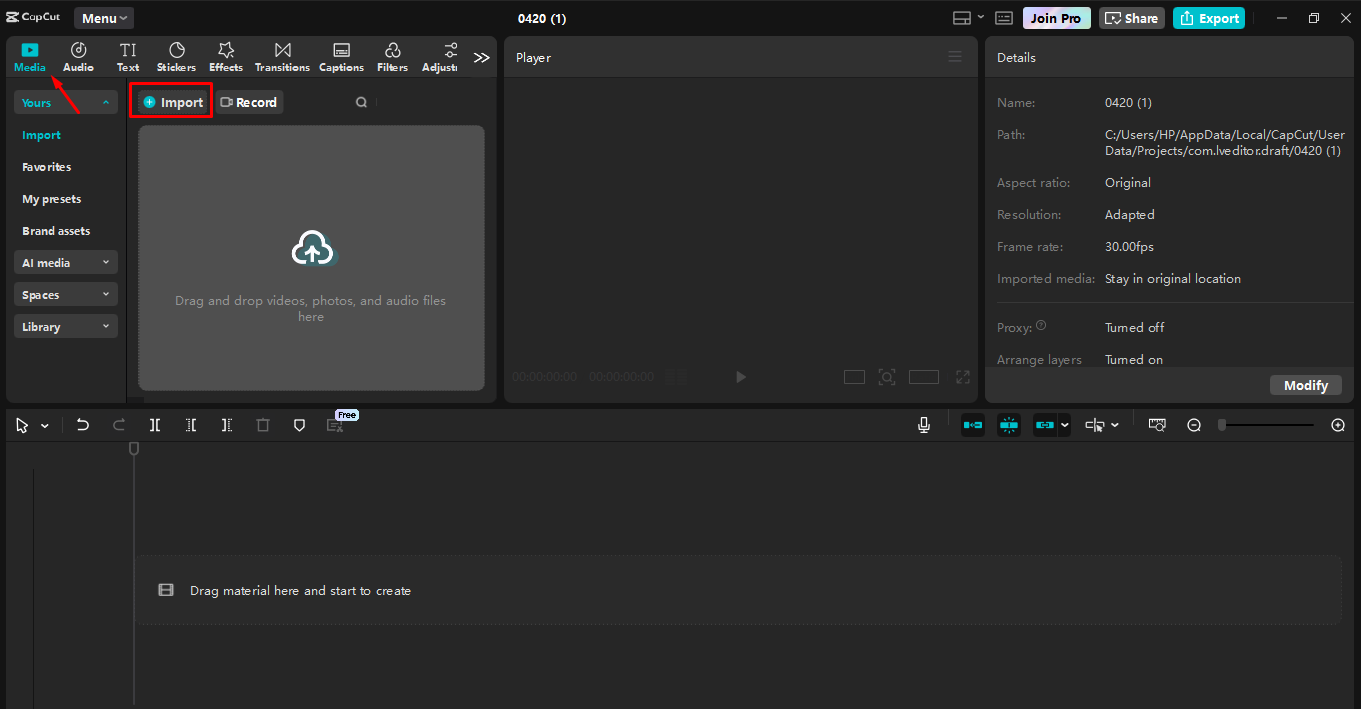 Importing the video into the CapCut desktop video editor