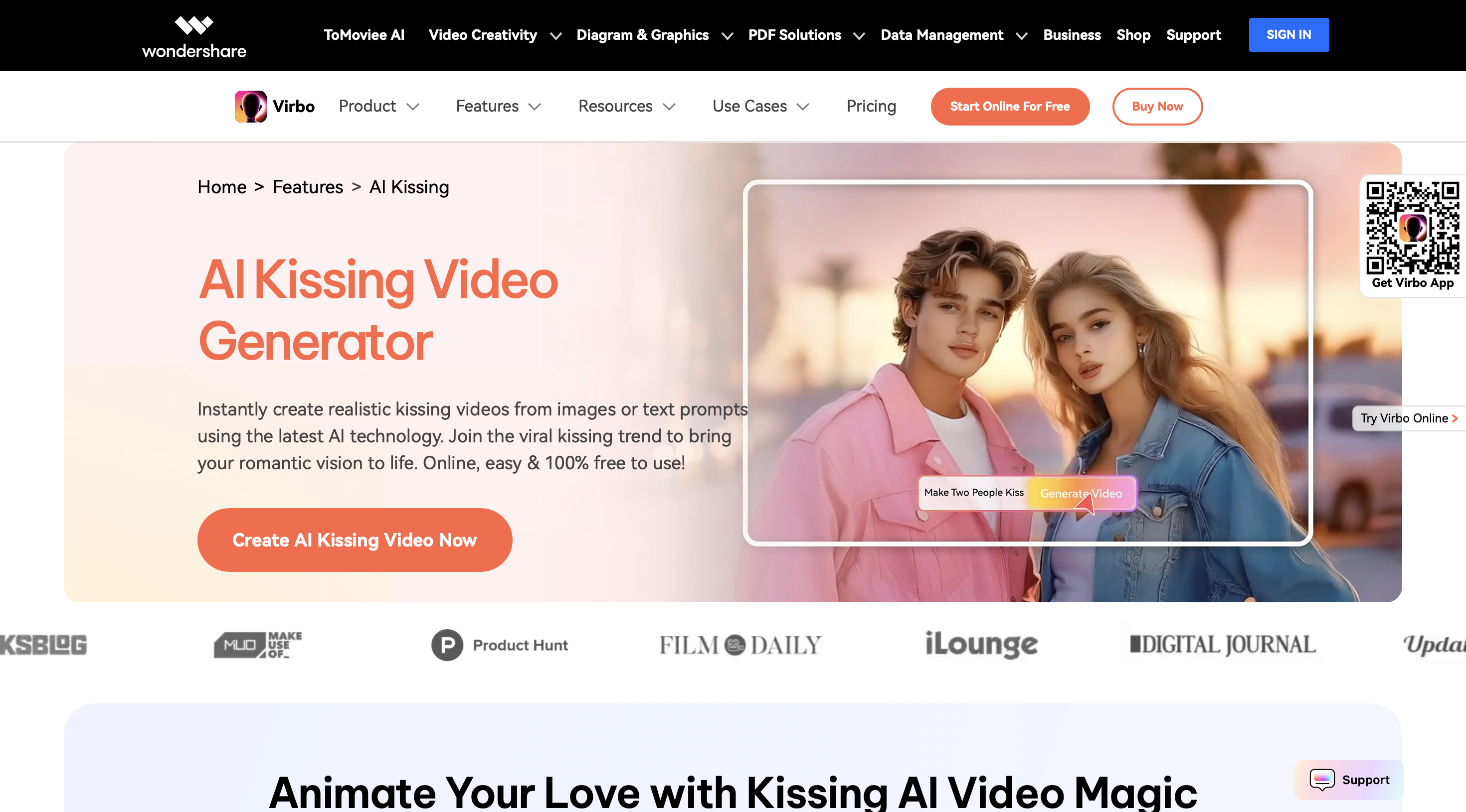 Trình tạo video hôn bằng Virbo AI