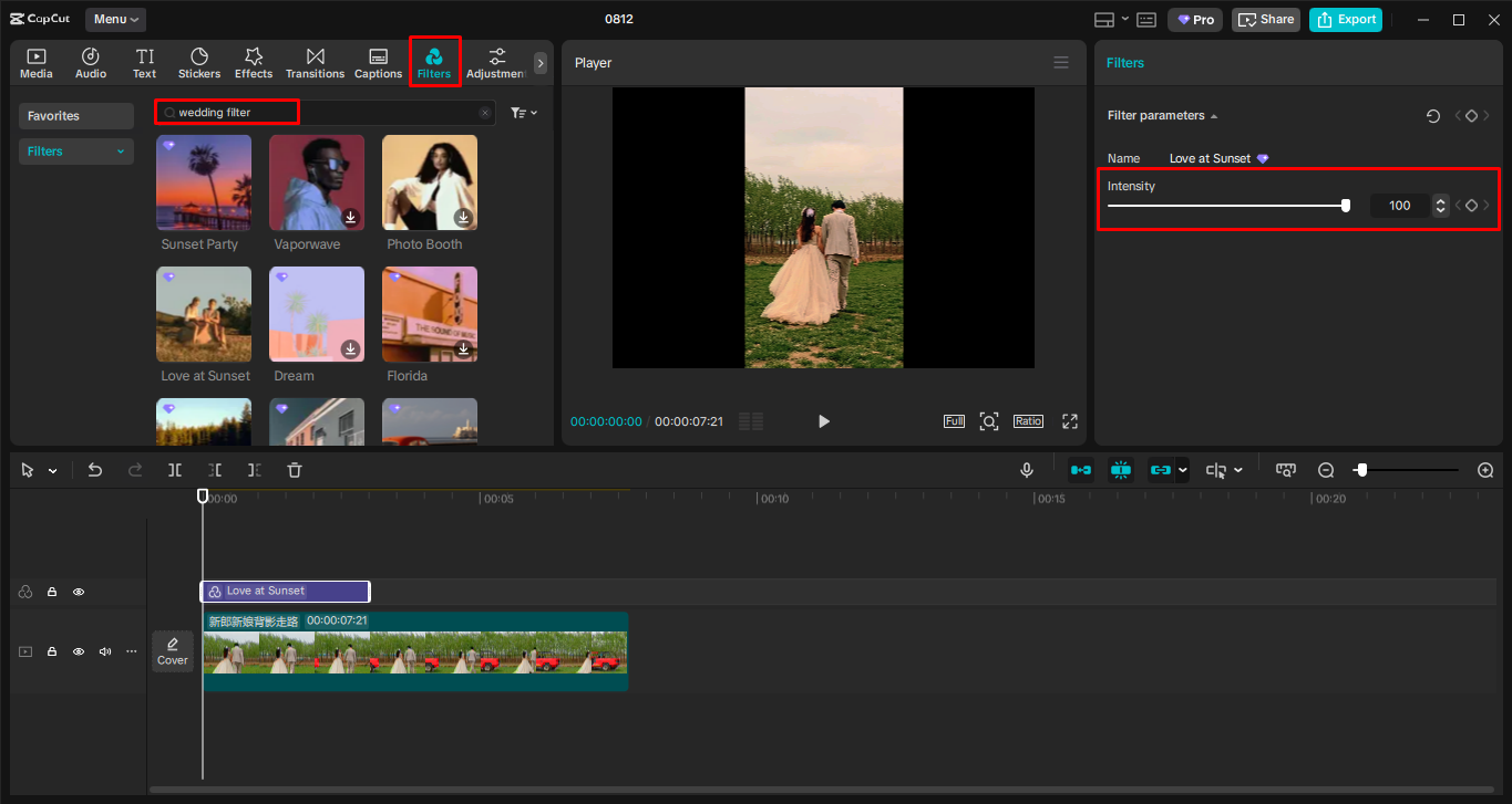 Applying the filter to the CapCut desktop video editor