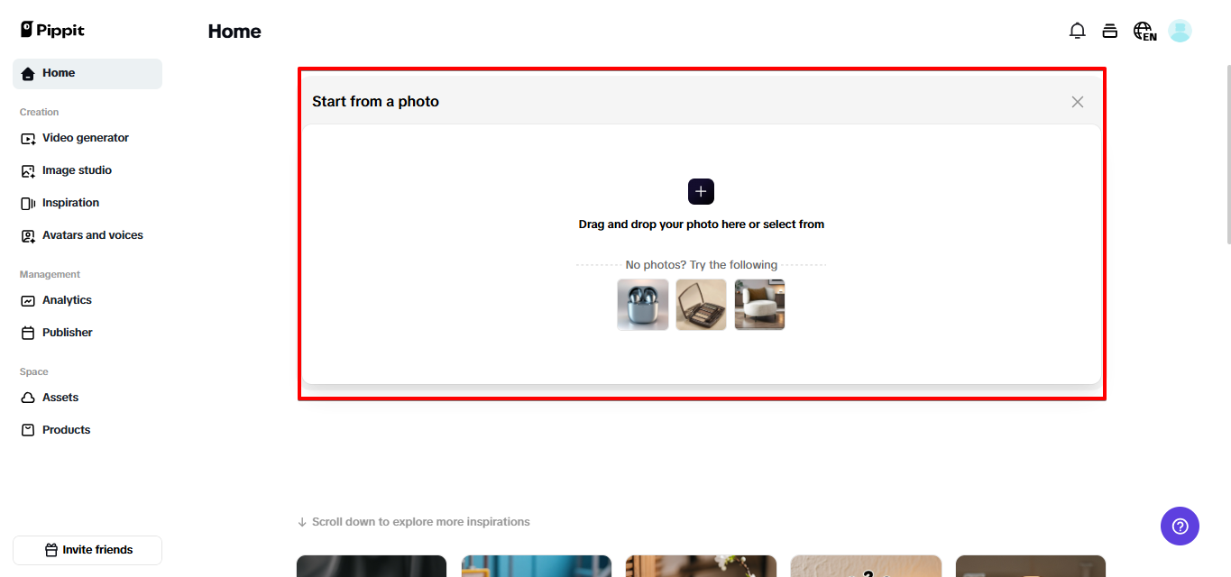Pippit에서 이미지 업로드 중