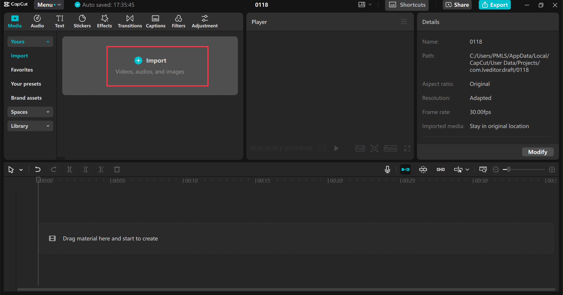Carga de medios en el CapCut editor de video de escritorio
