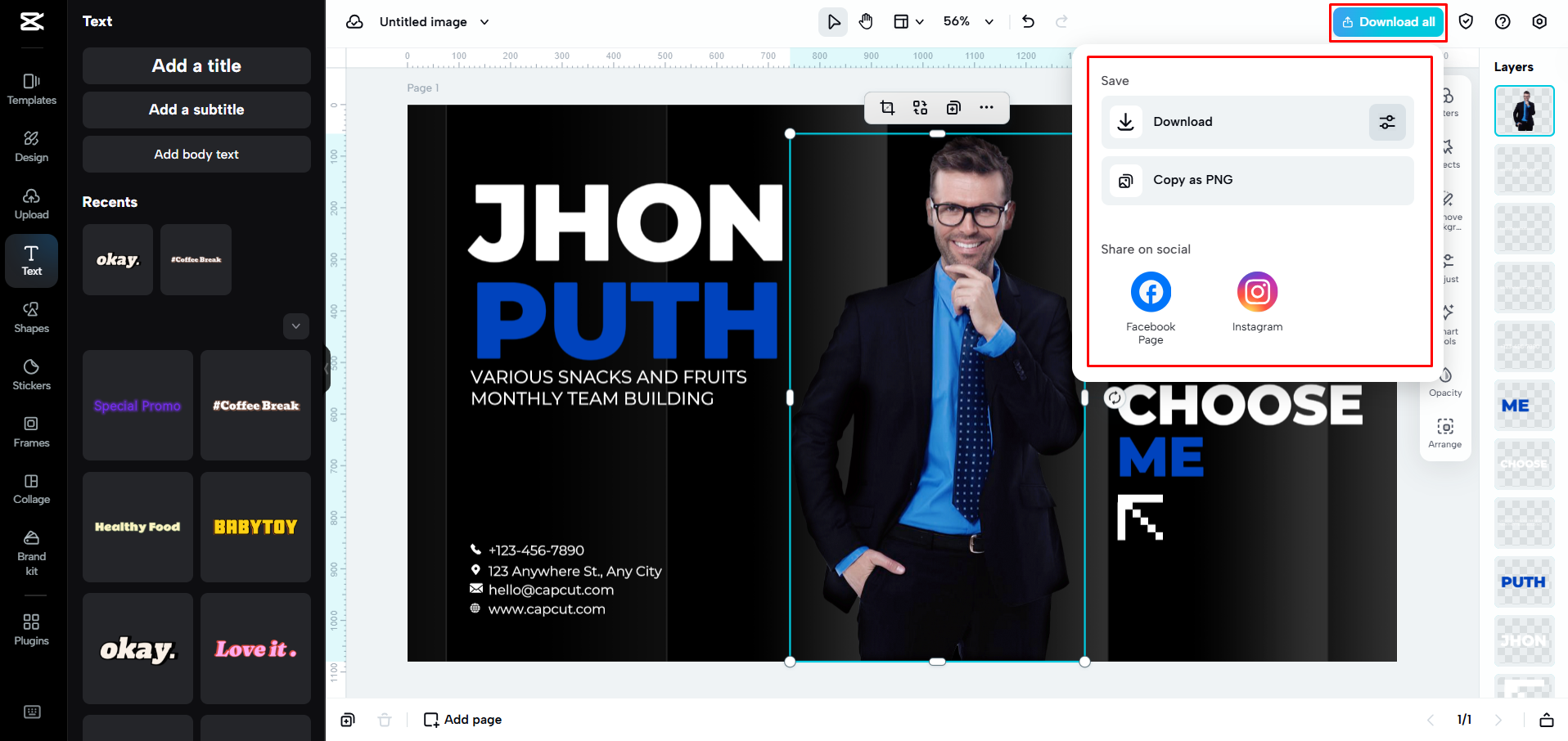 Exportieren einer Visitenkartenvorlage aus CapCut Web