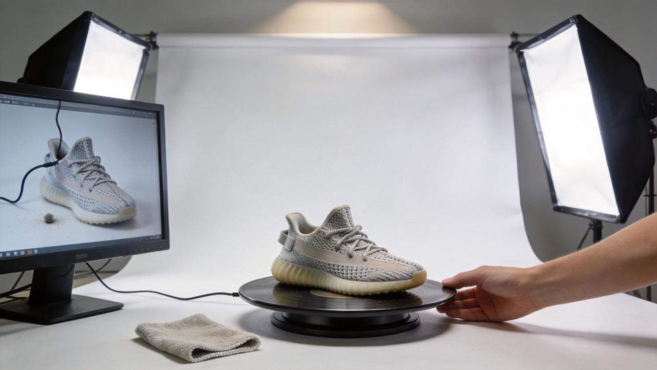 Sneaker being photographed on a turntable in a studio setup with softbox lights and monitor