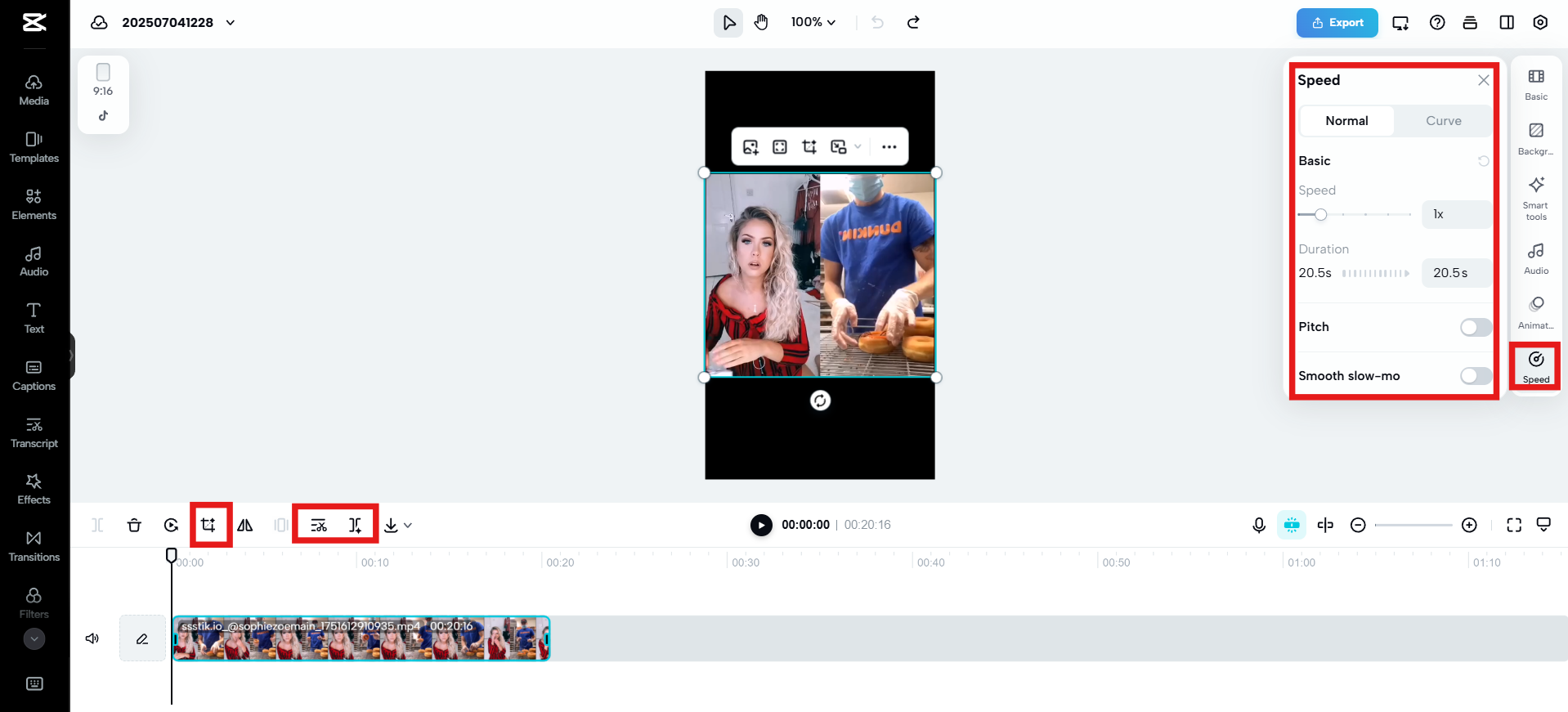 Trim, crop, split and adjust speed