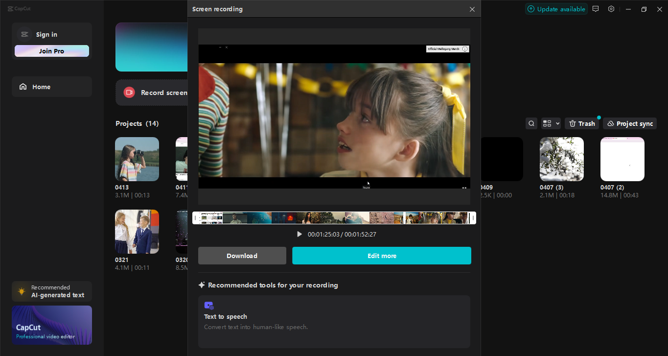 The interface of the CapCut desktop video editor