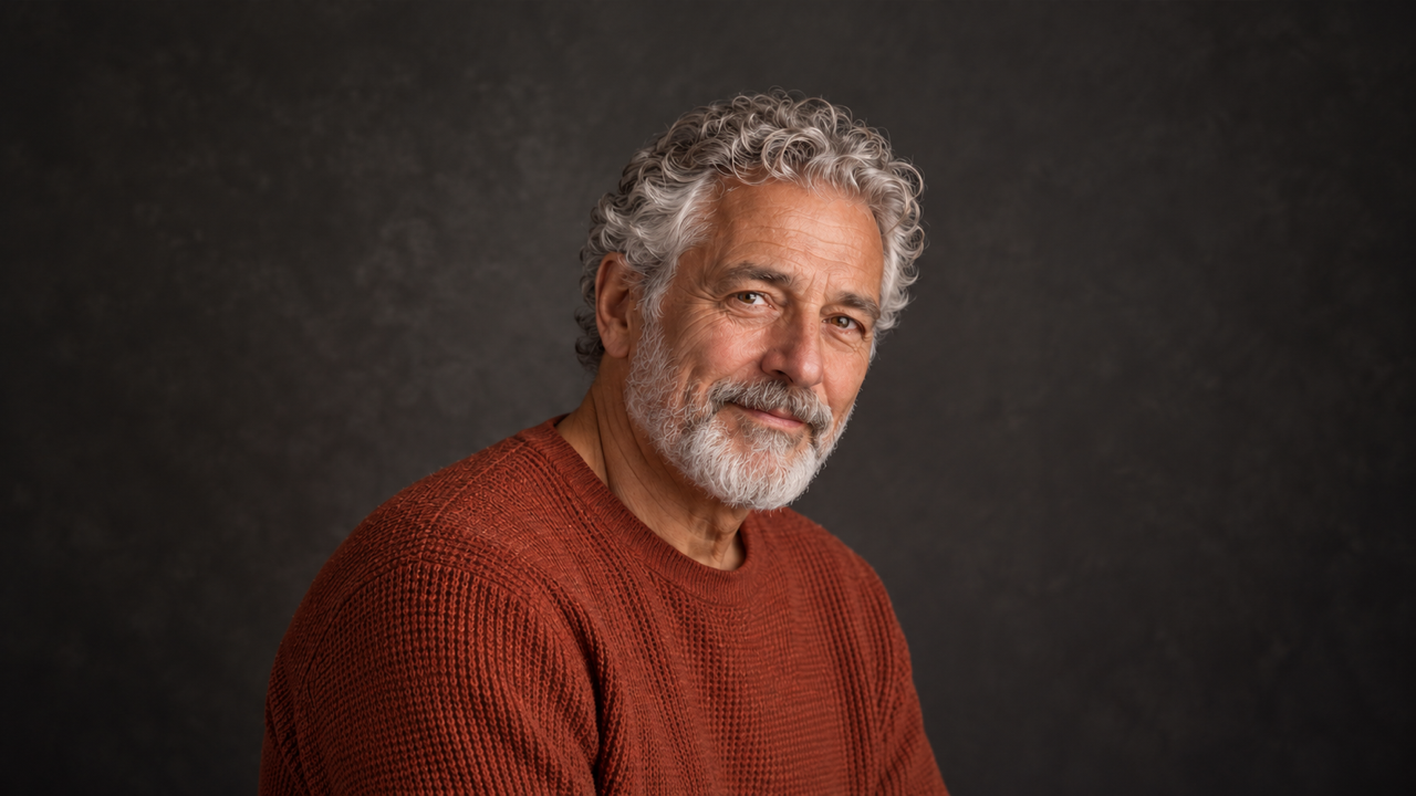 16: 9 portret premium de studio de cărbune al unui bărbat adult mai în vârstă, cu bucle argintii și barbă argintie îngrijită, cămașă tricotată ruginită, ușoară poziție de trei sferturi care privește camera, lumină laterală moale din dreapta, zâmbet subtil și piele realistă. Fără text sau montaj.