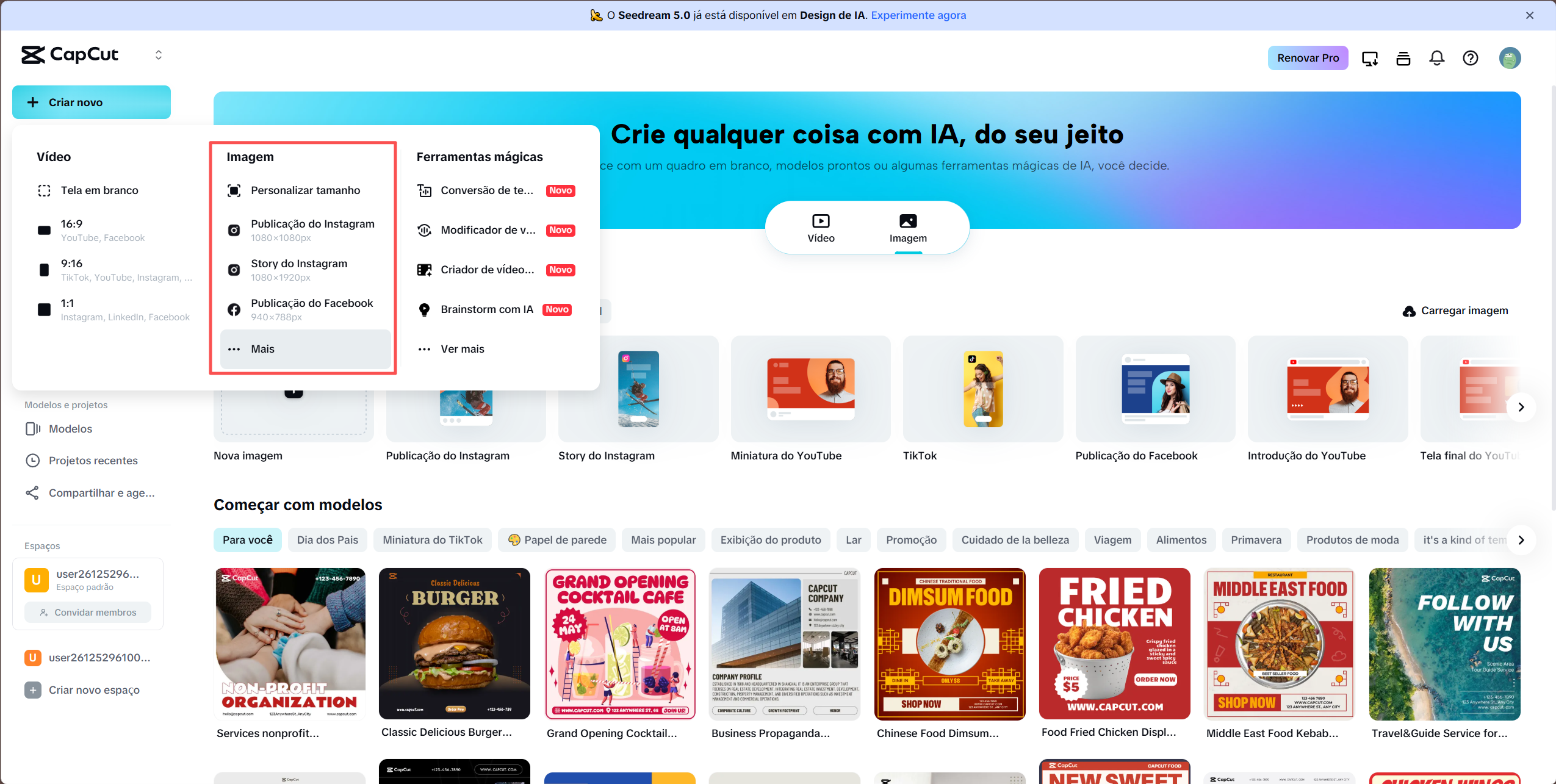 Abra o CapCut e crie um projeto de imagem