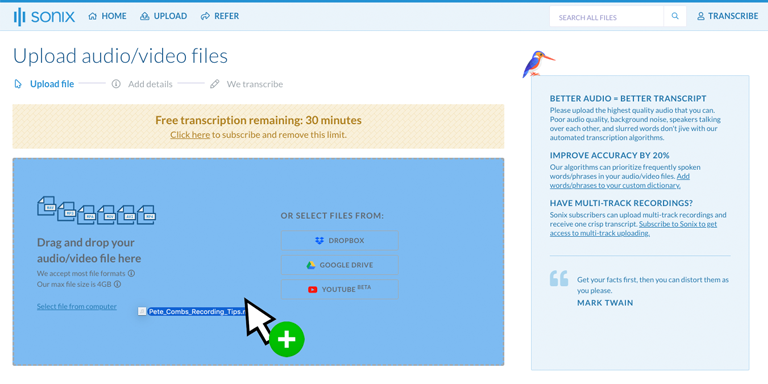 Interface of Sonix.ai - an easy to use online audio to text converter