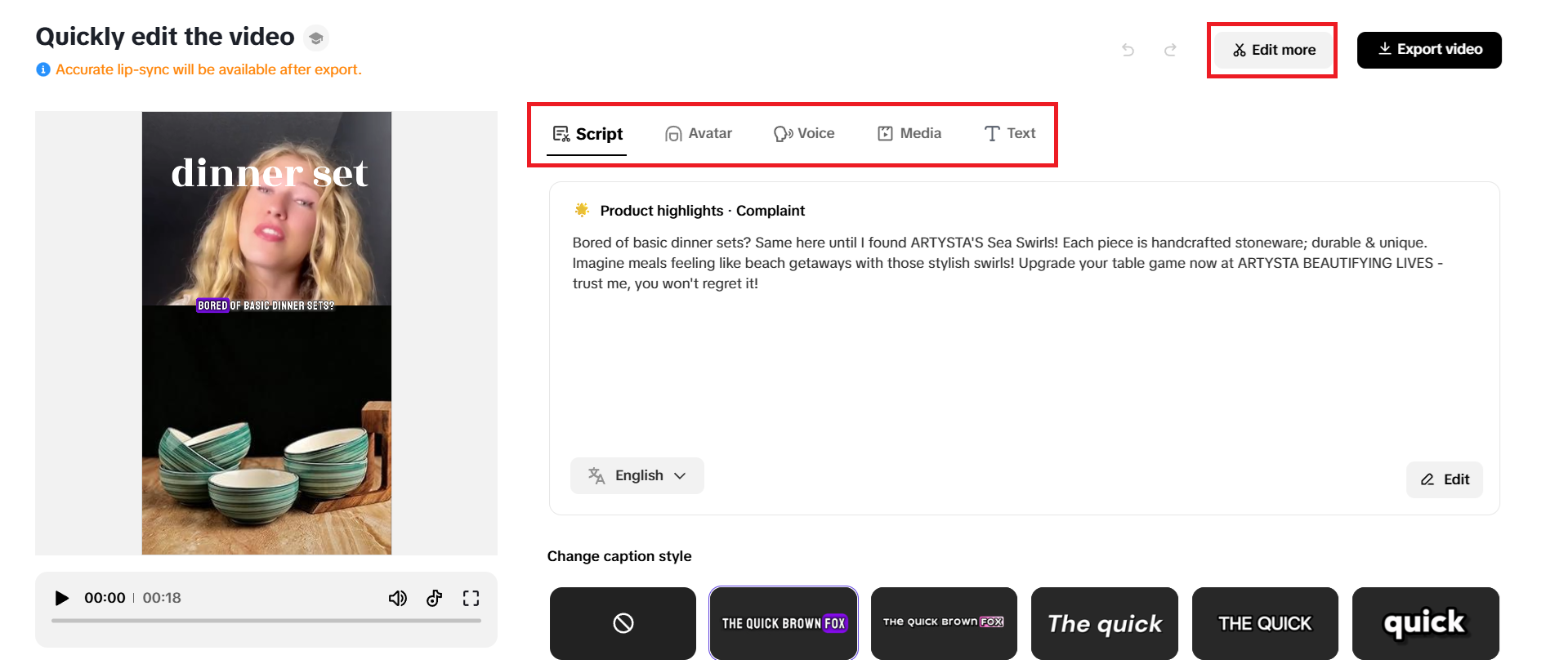 Quick editing options