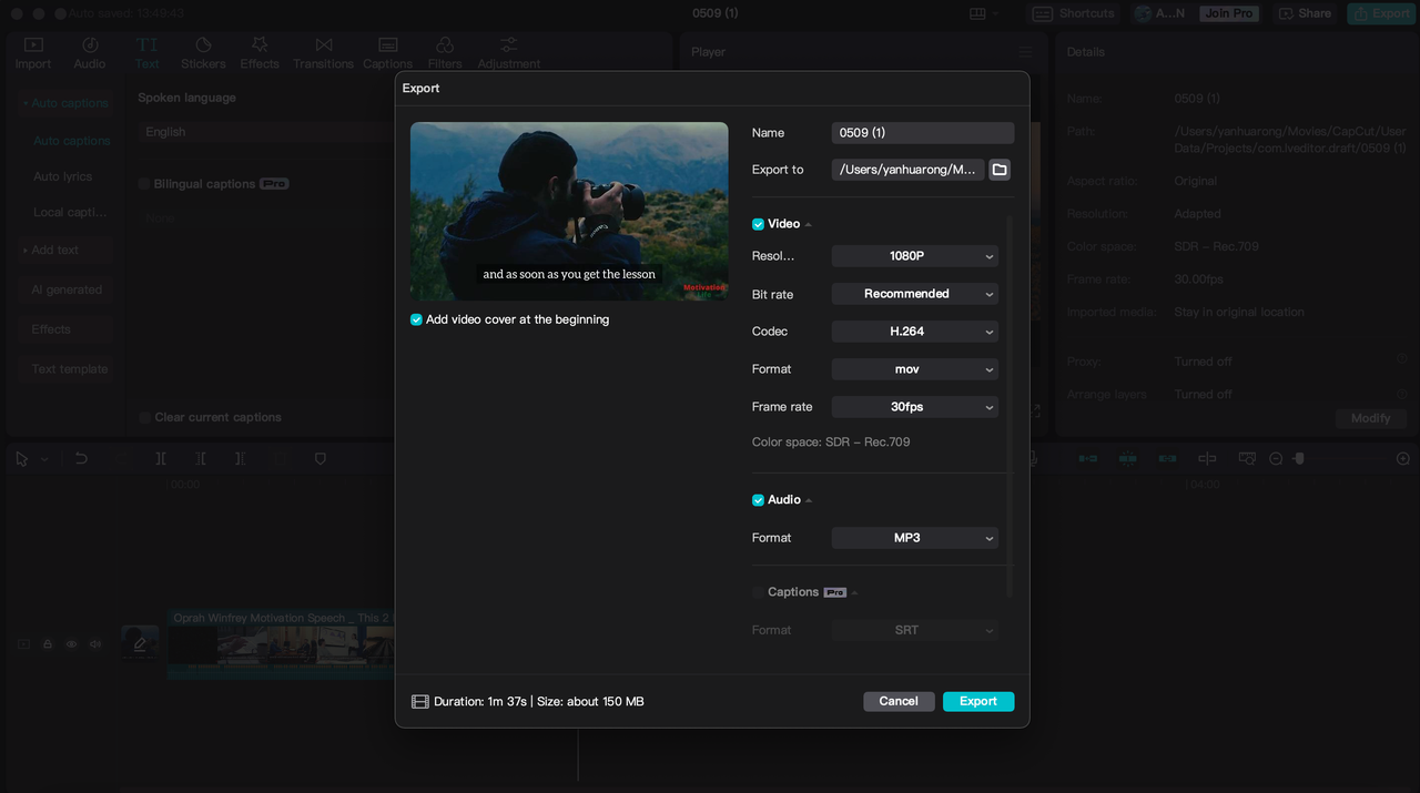 Export settings, CapCut PC