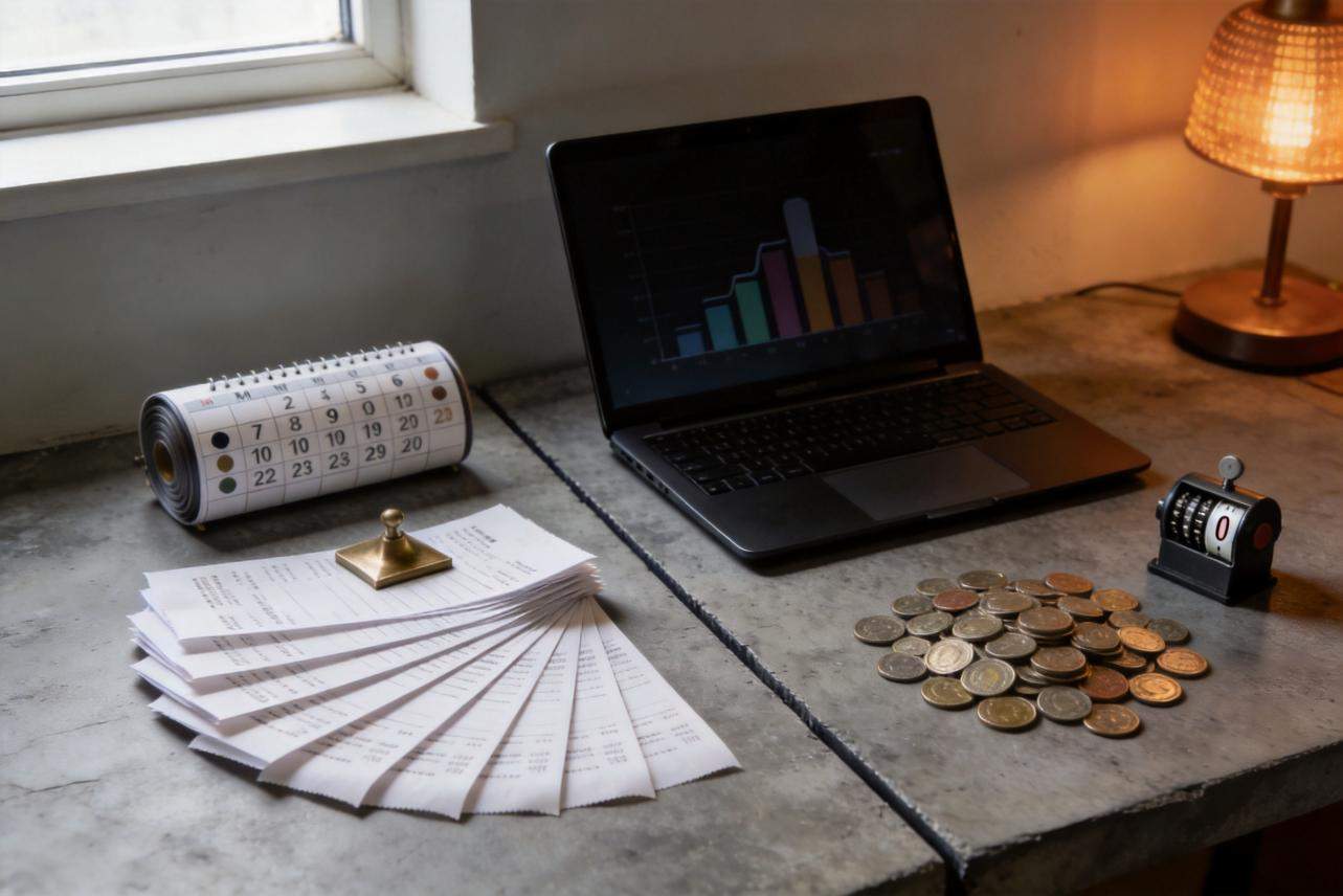 Laptop with bar chart beside receipts, coins, a desk calendar, and a small timer on a table