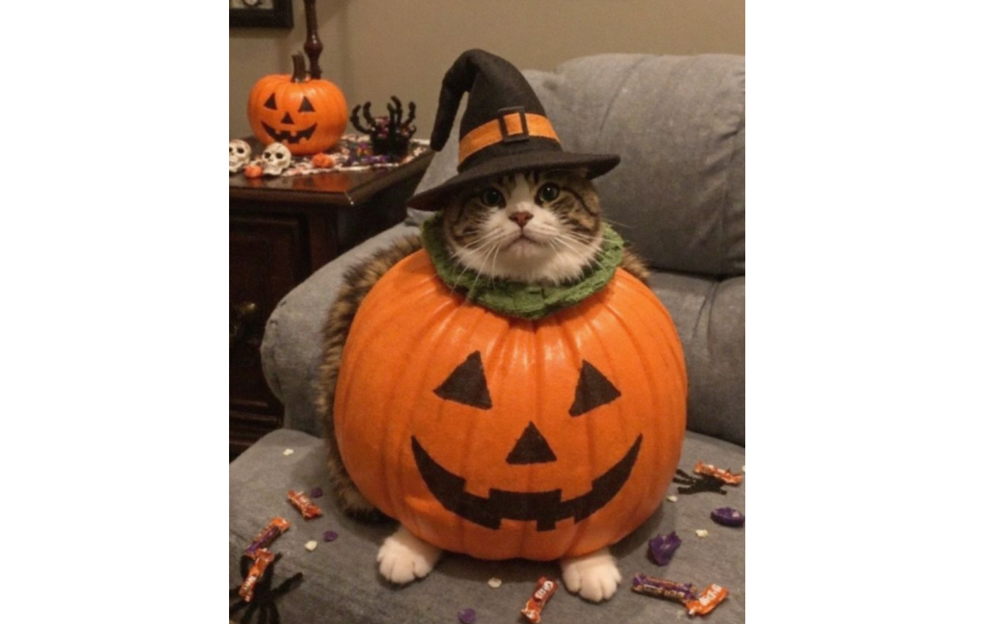 Cute cat sitting inside a carved pumpkin