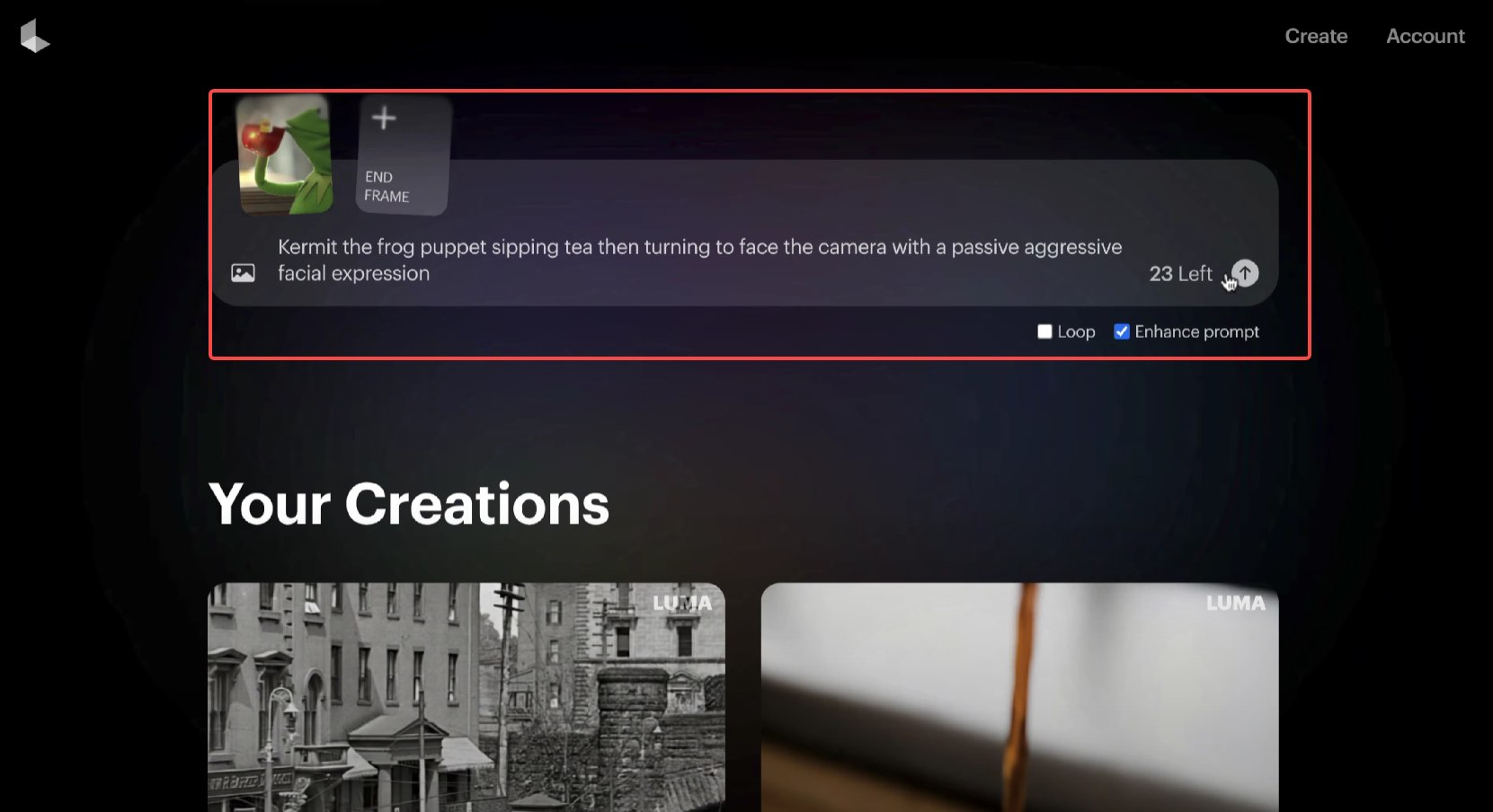 Upload an image(s) and create a prompt in Luma AI