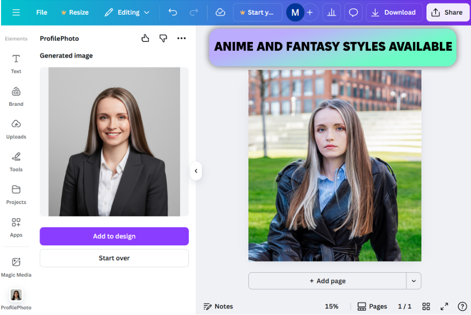 Interface of Canva - an online tool for AI-generated headshots