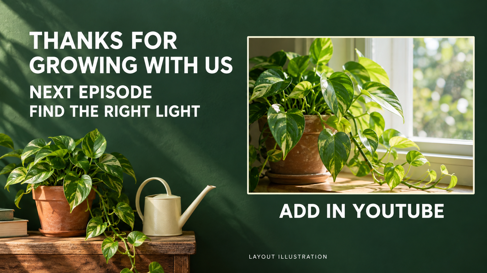 Original completed-layout illustration with closing text on the left and a plant-by-window recommendation thumbnail on the right