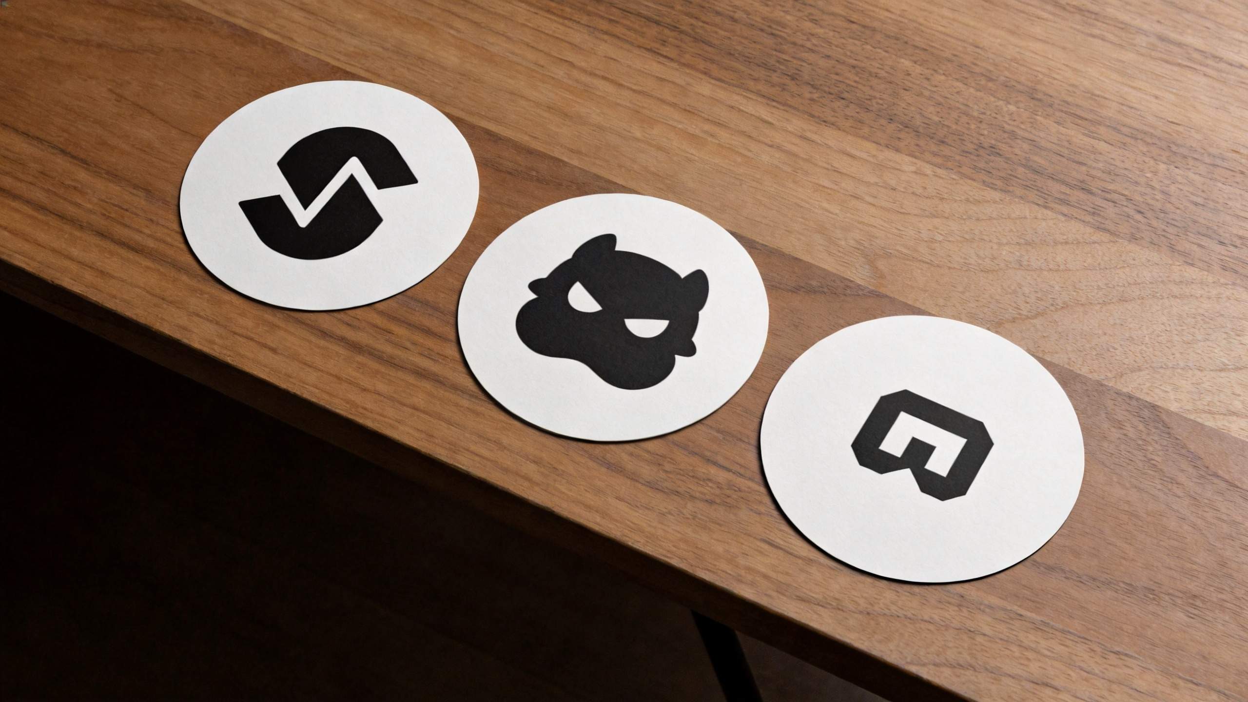 Three round white icon stickers with bold black symbols on a wooden surface