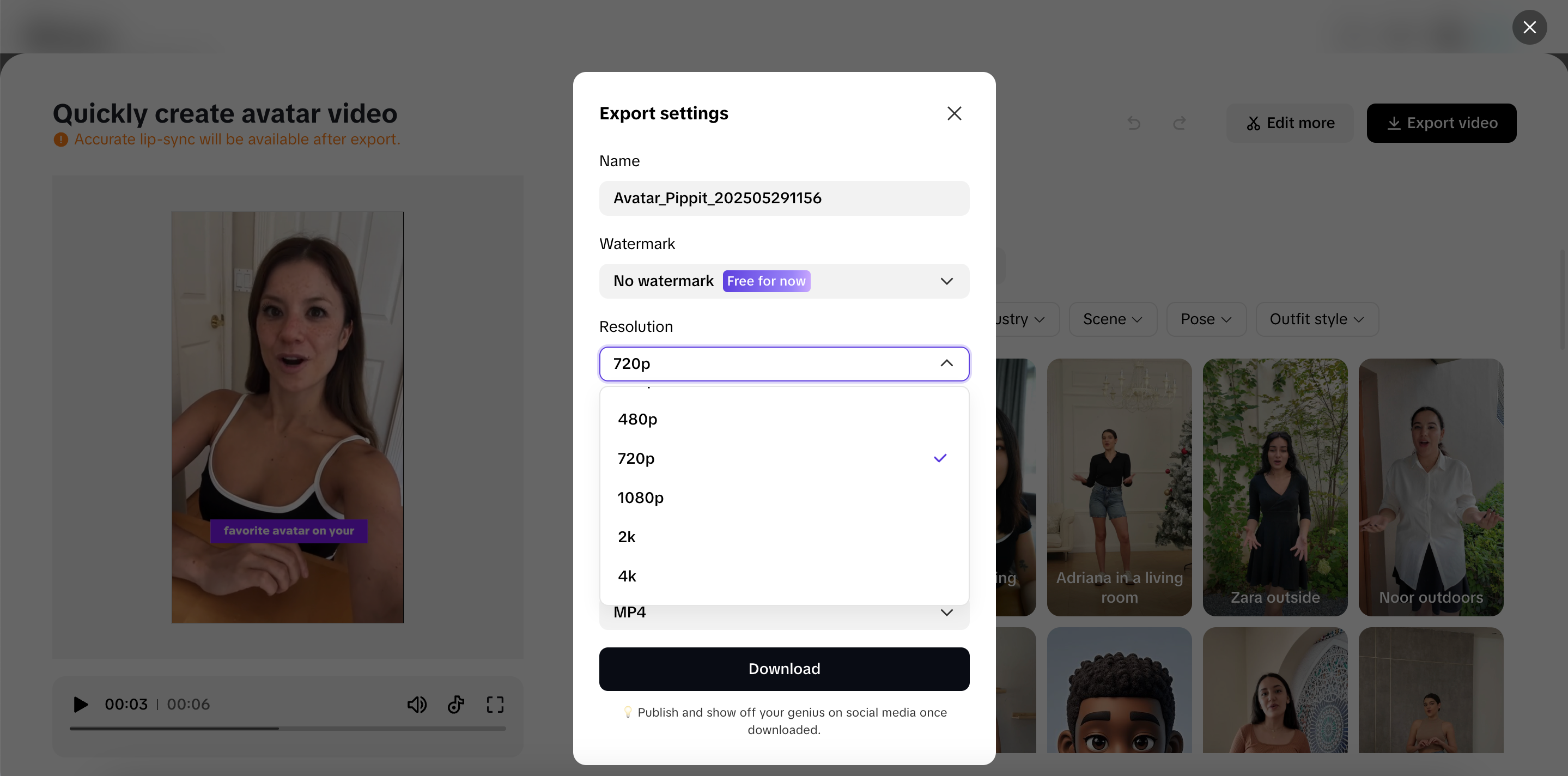 High-quality avatar exports for professional use