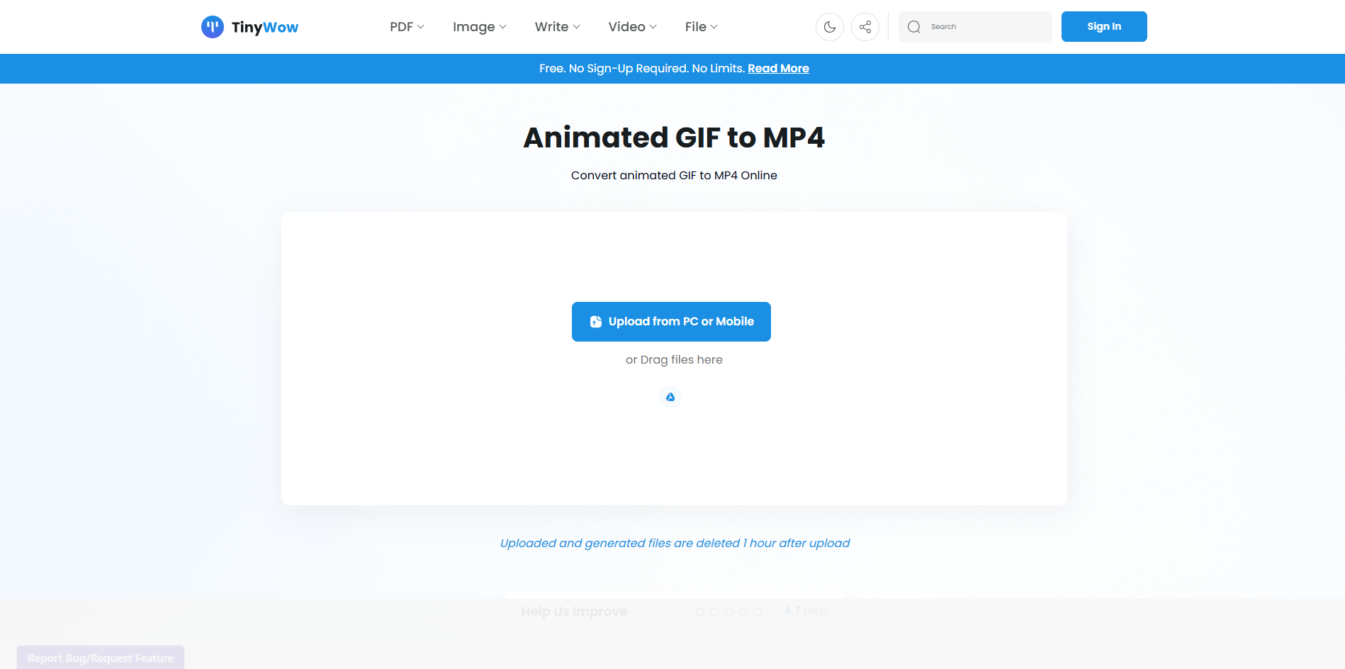 Interface of TinyWow - a user-friendly GIF to video converter