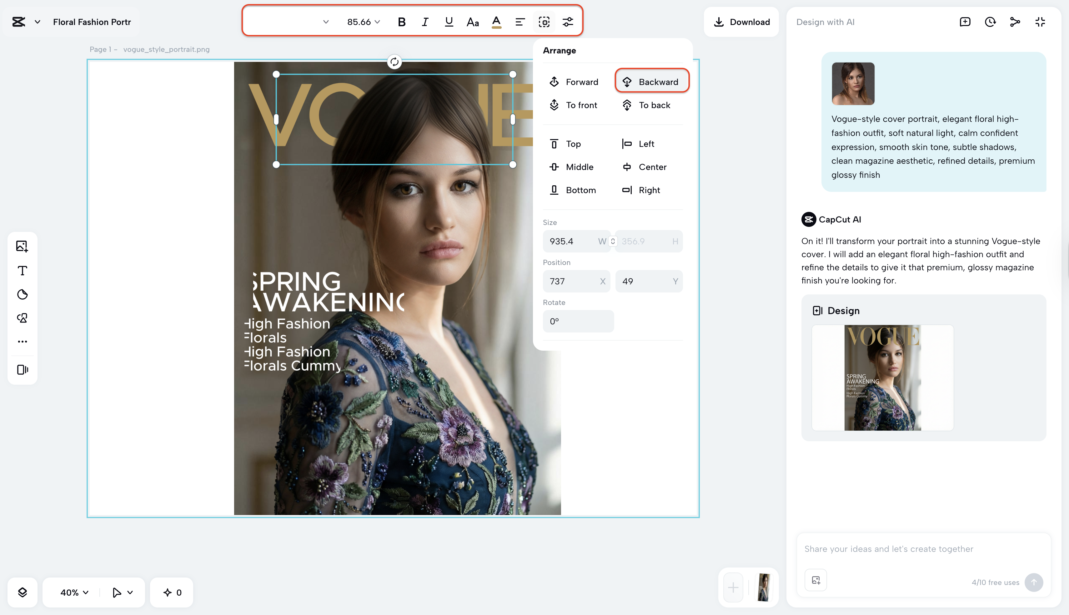 Placing the Vogue text backward