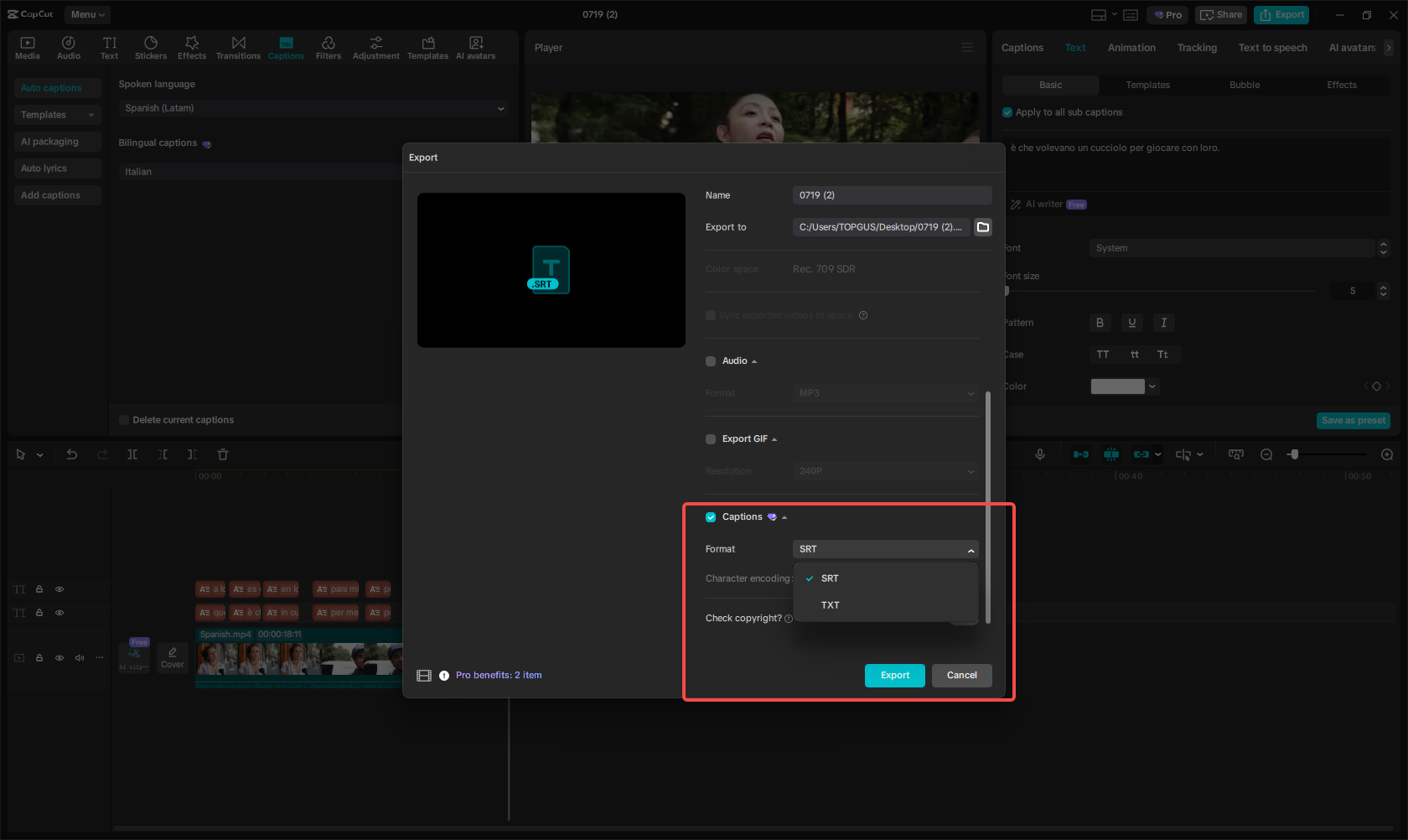 Export Italian captions or video