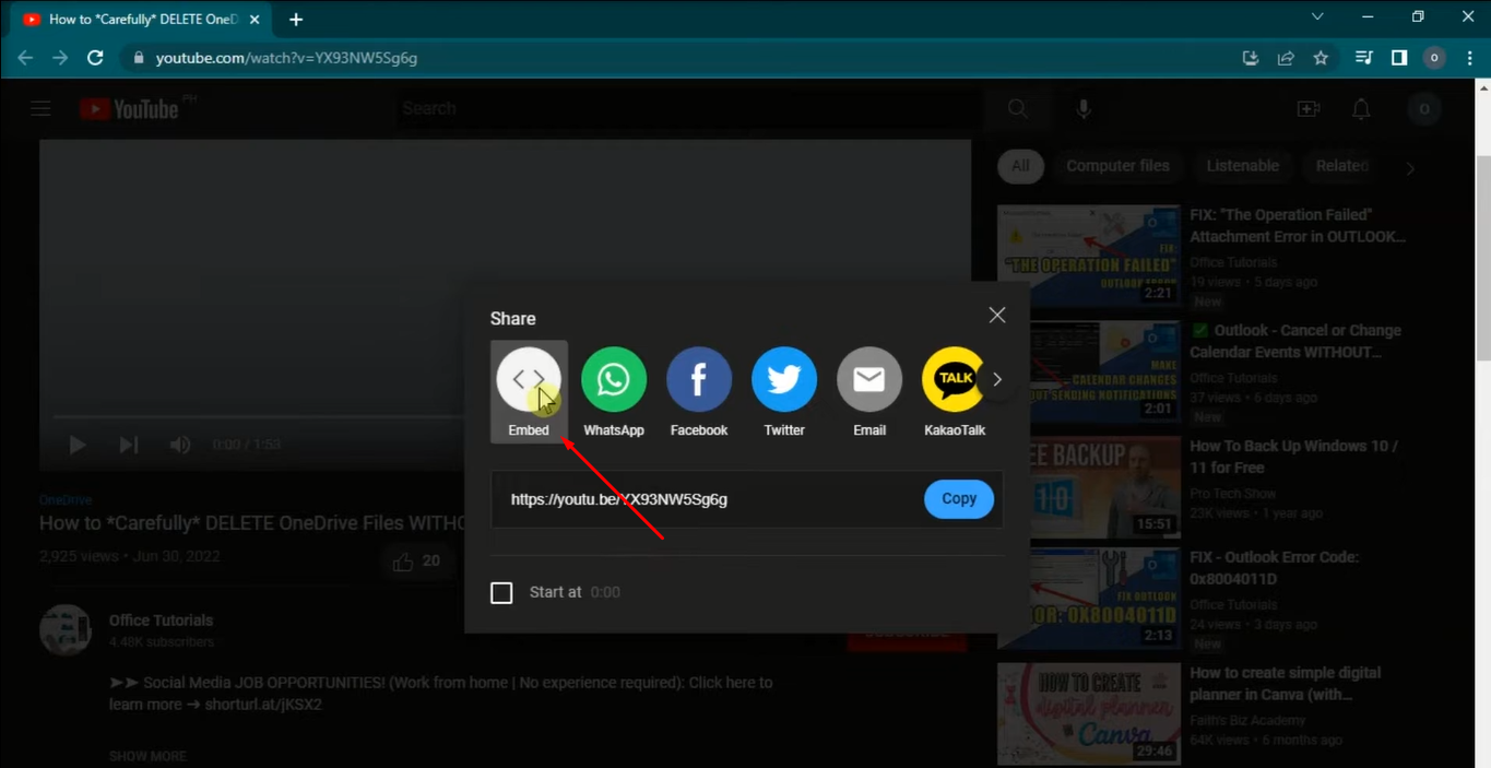 Getting the Embed code of the YouTube video
