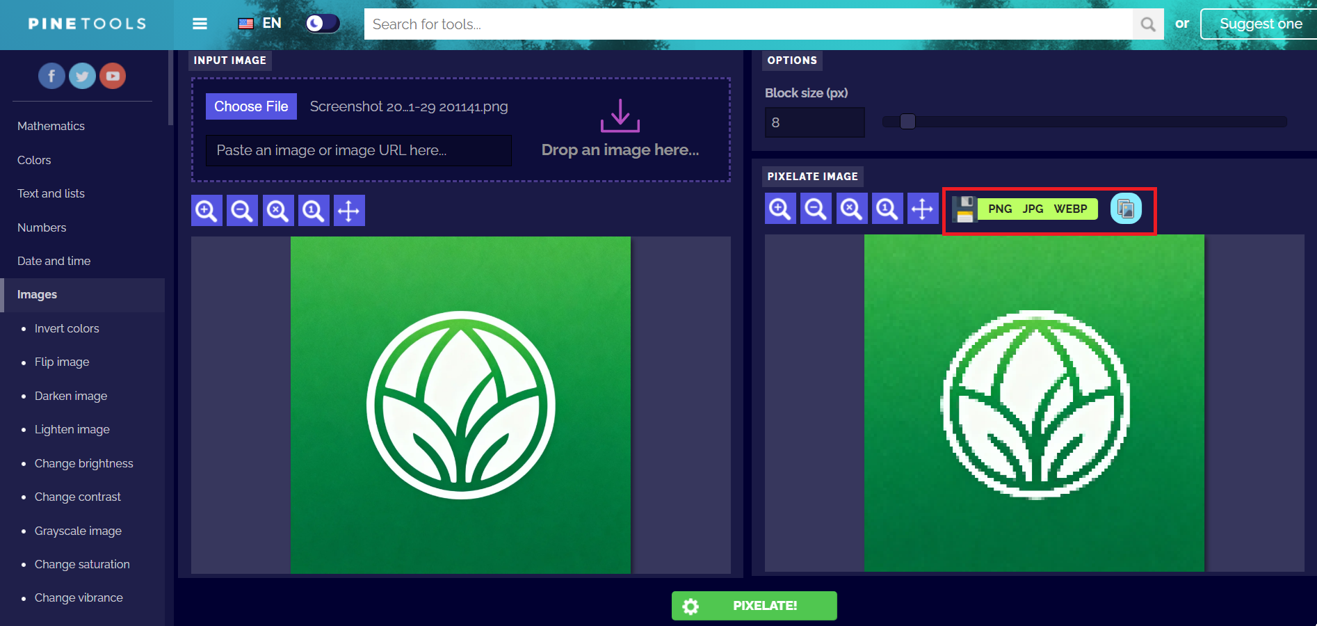 Get your pixelated logo by saving or copying it
