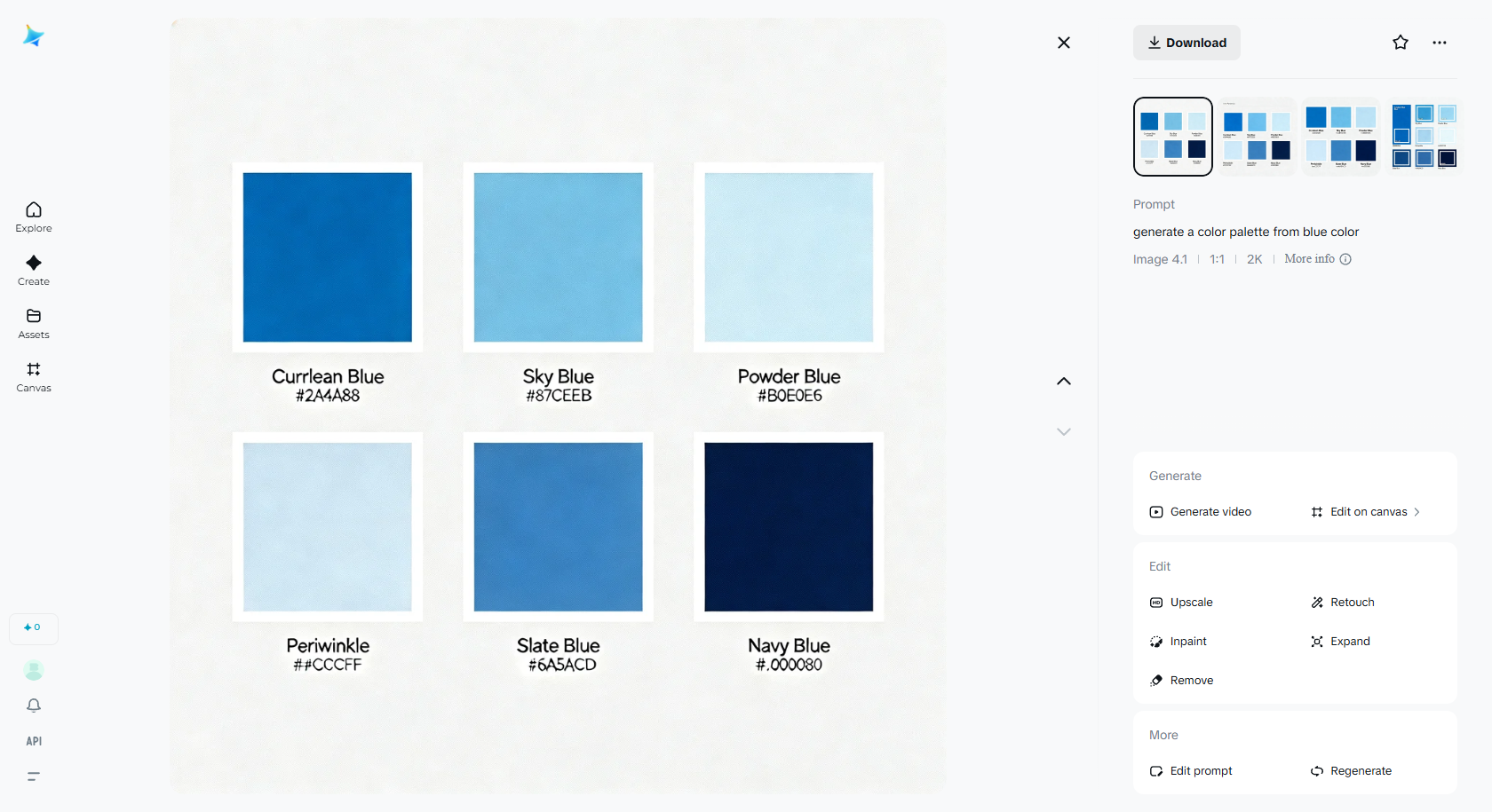 Generate a color palette from one color using Dreamina