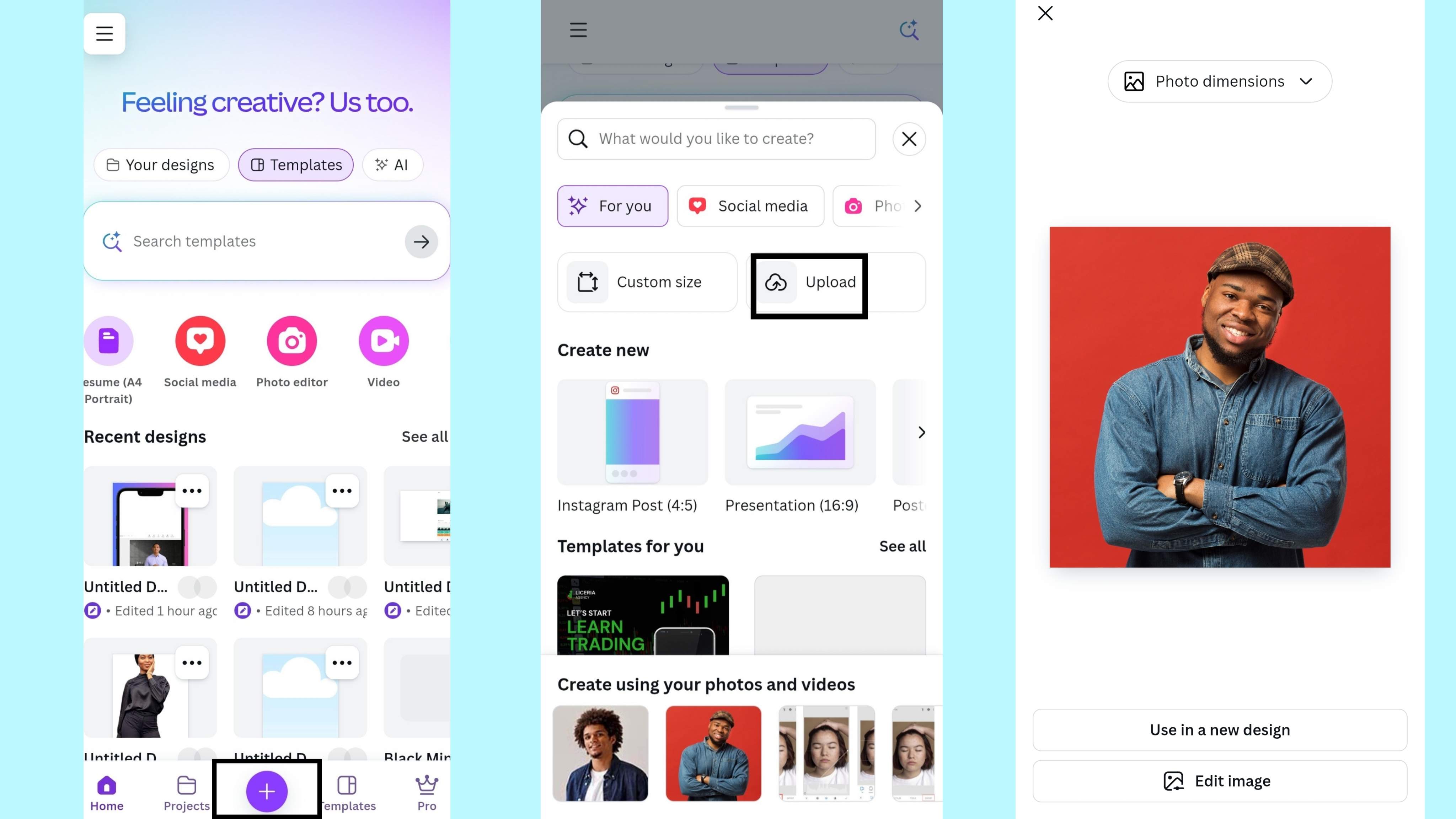 Canva Uygulaması - Bir tasarım şablonu seçin veya bir fotoğraf yükleyin