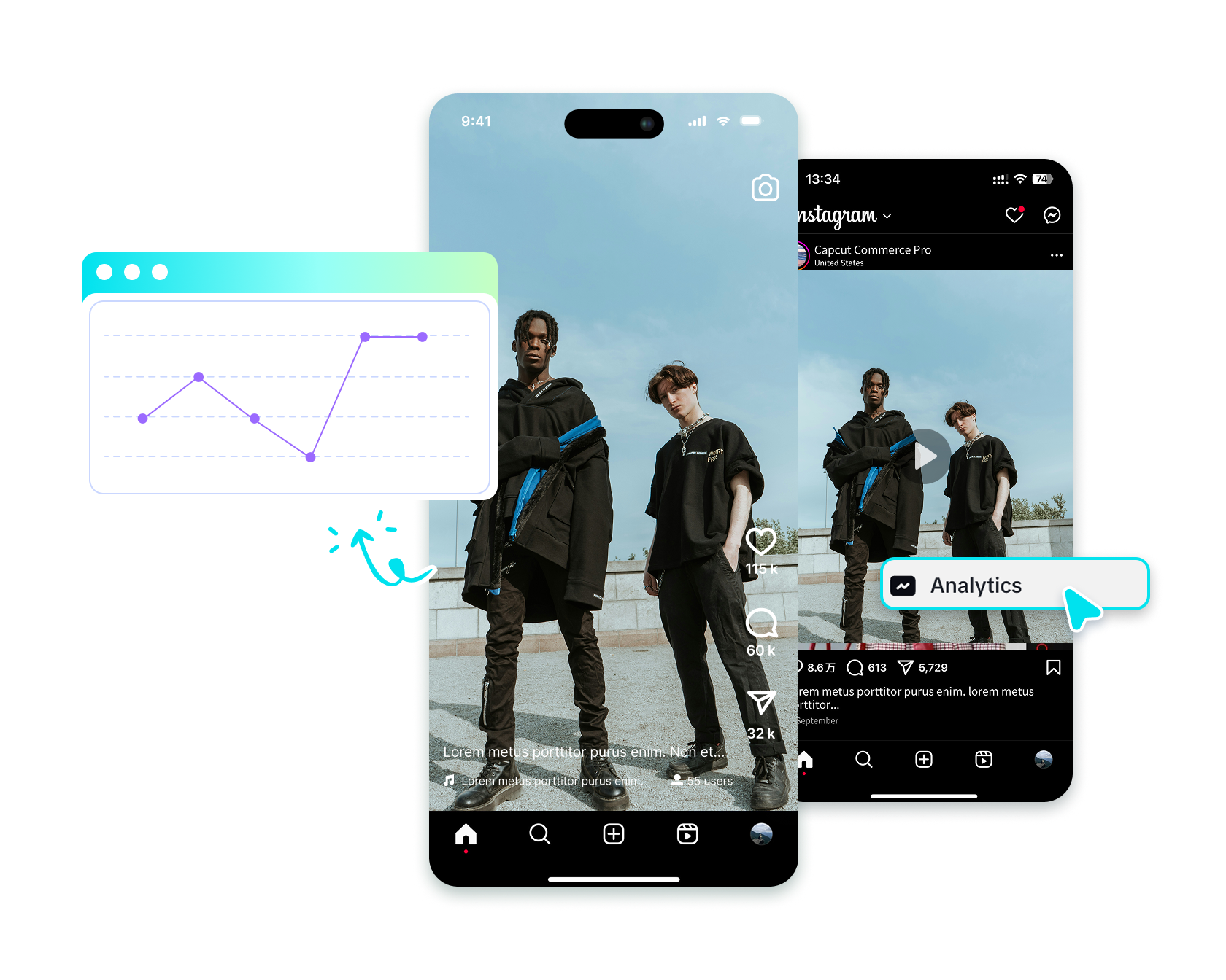 Pippit Analytics dashboard displaying engagement metrics (likes, shares, comments, watch time) for a series of published videos
