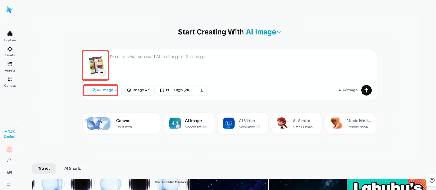 Accessing the "AI Image" feature in Dreamina