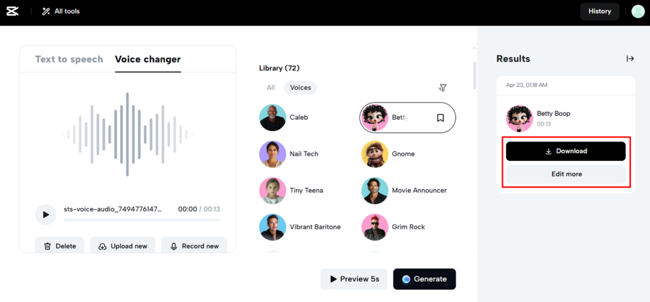 Stahování finálního zvuku z CapCut Webu
