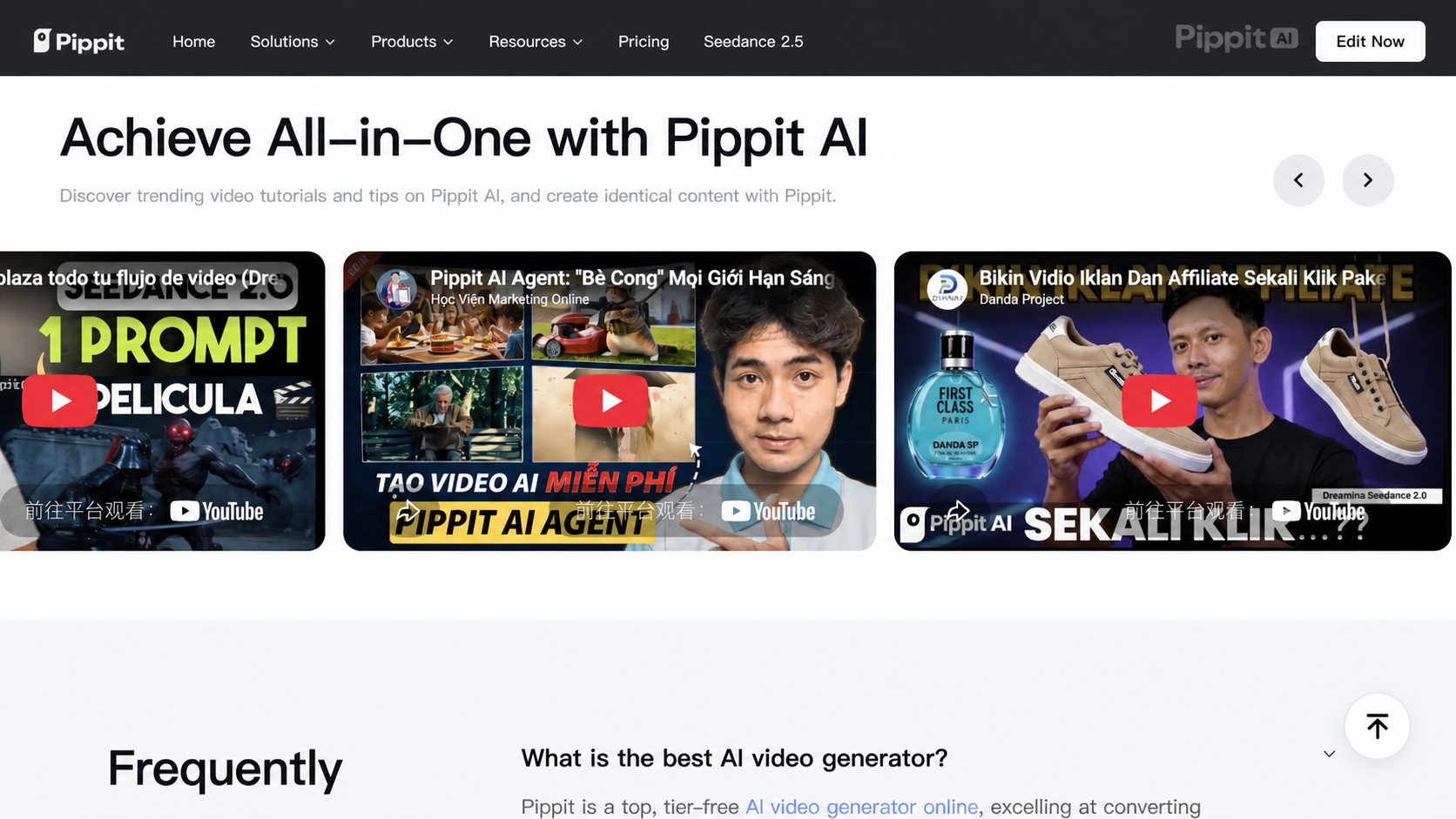 Pippit AI homepage with a large headline and three video thumbnails in a carousel