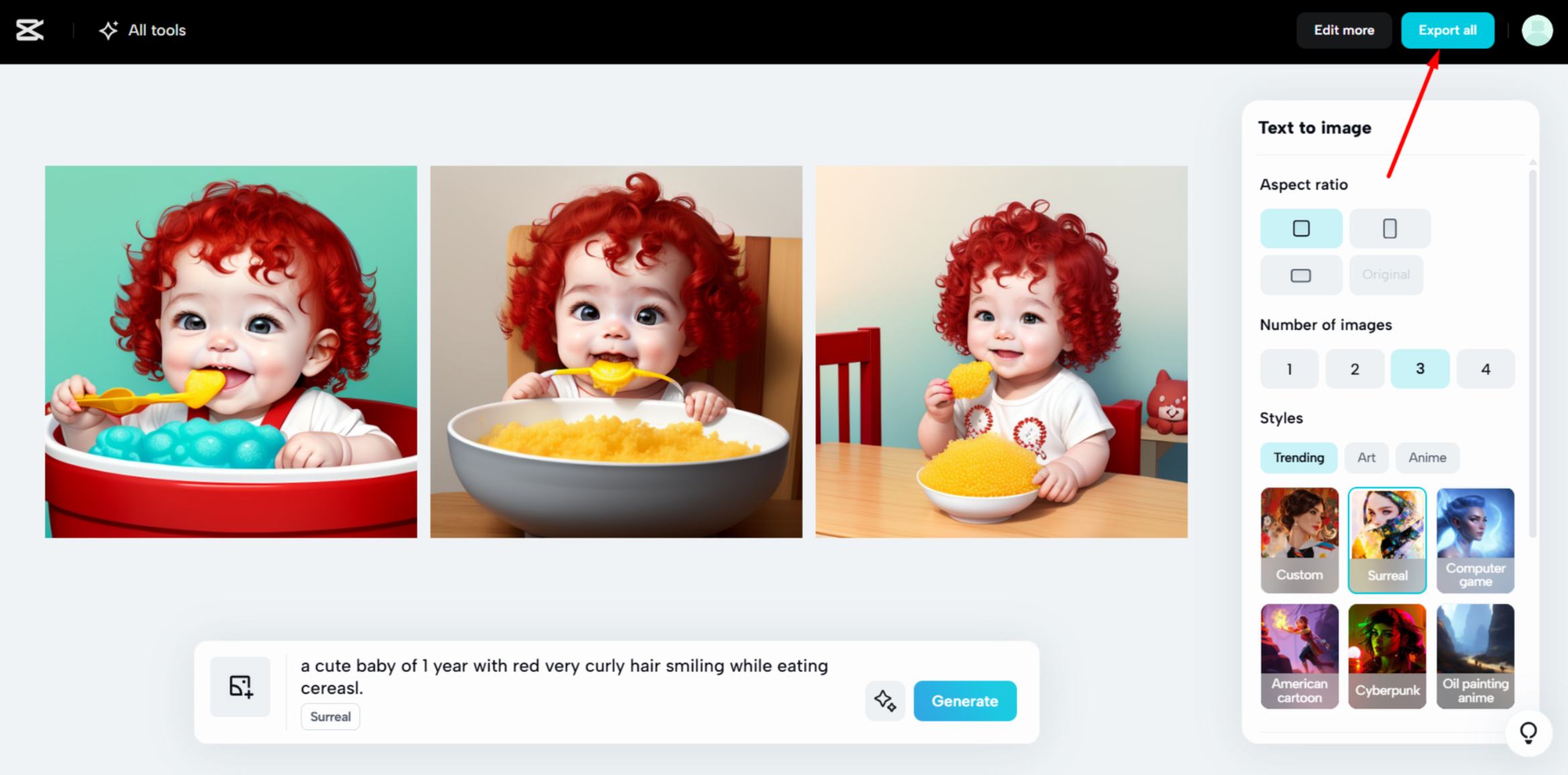 Exportieren eines KI-generierten Bildes aus CapCut Web