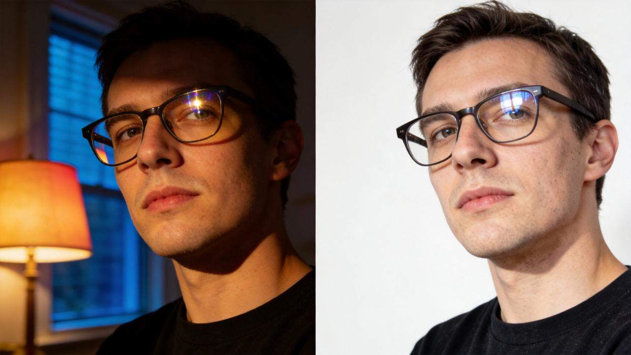 Side-by-side portrait with warm indoor lighting on the left and bright white background on the right