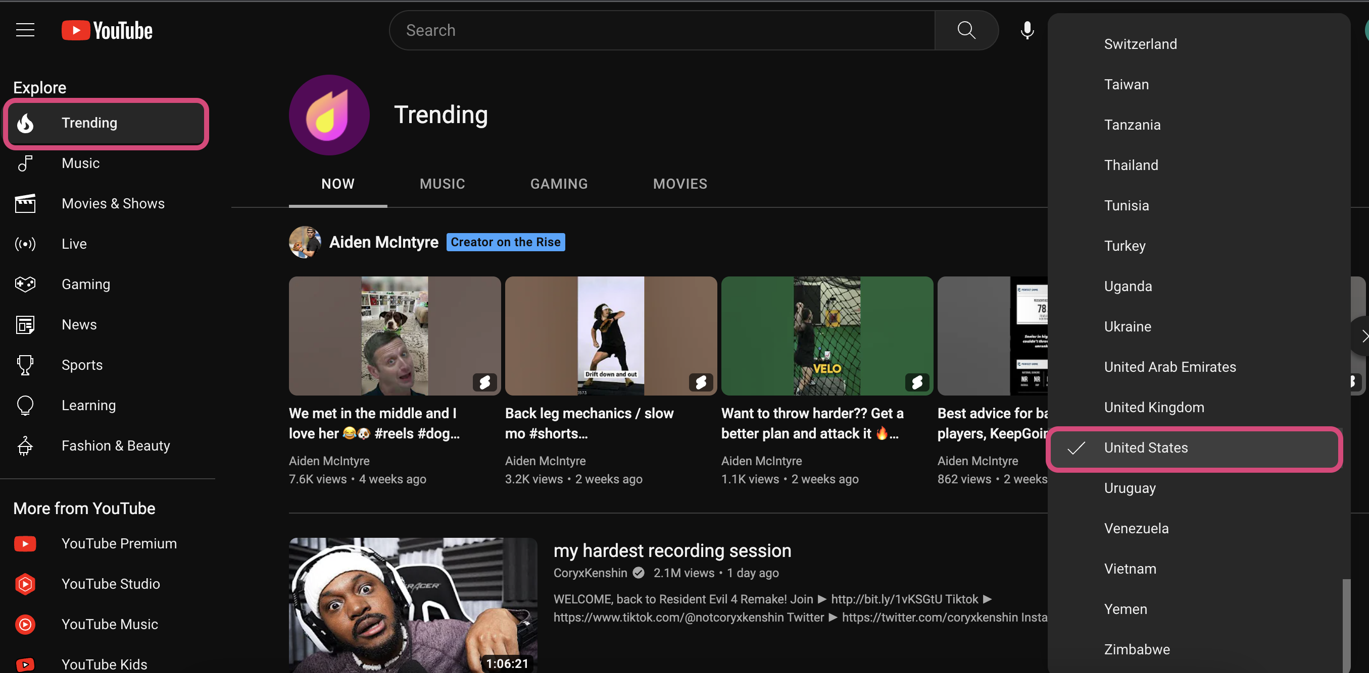 Strona trendów YouTube