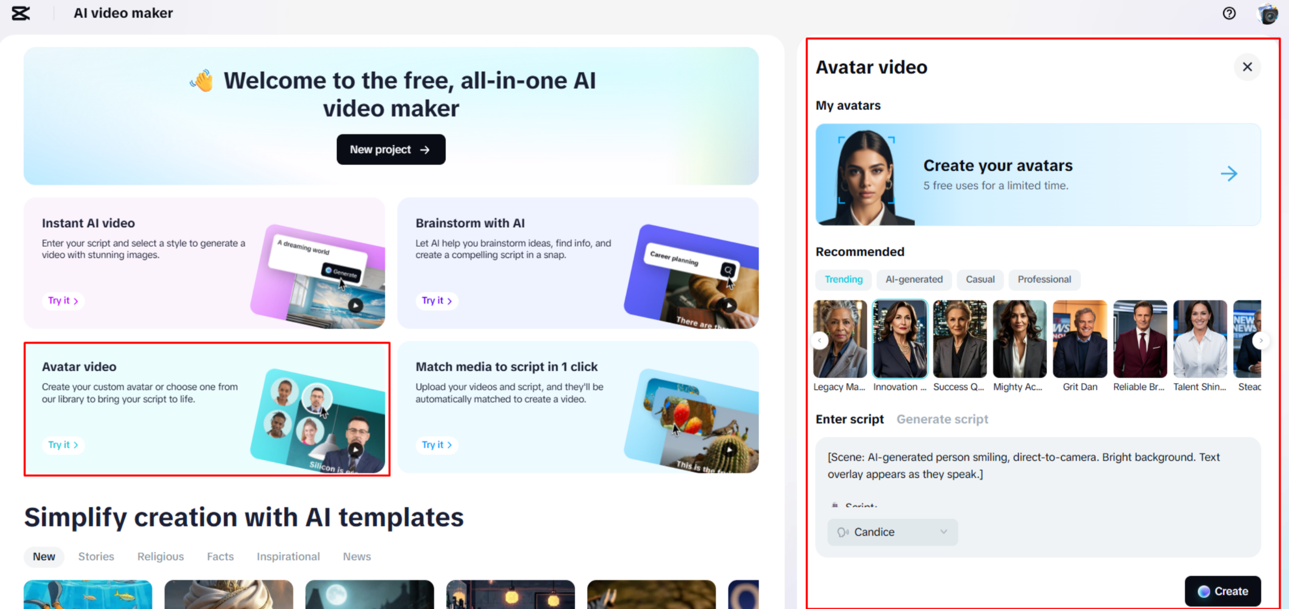 Generating a script and a video in CapCut Web