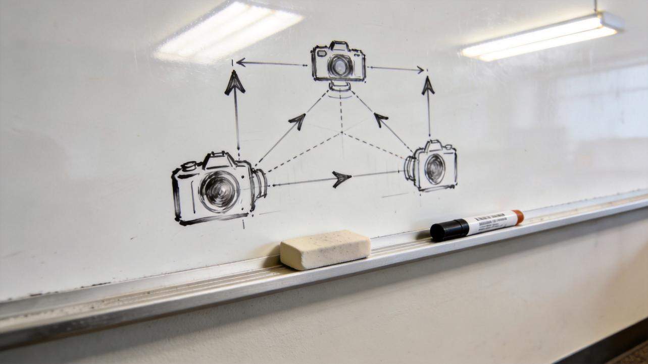 Three camera sketches connected by arrows on a whiteboard