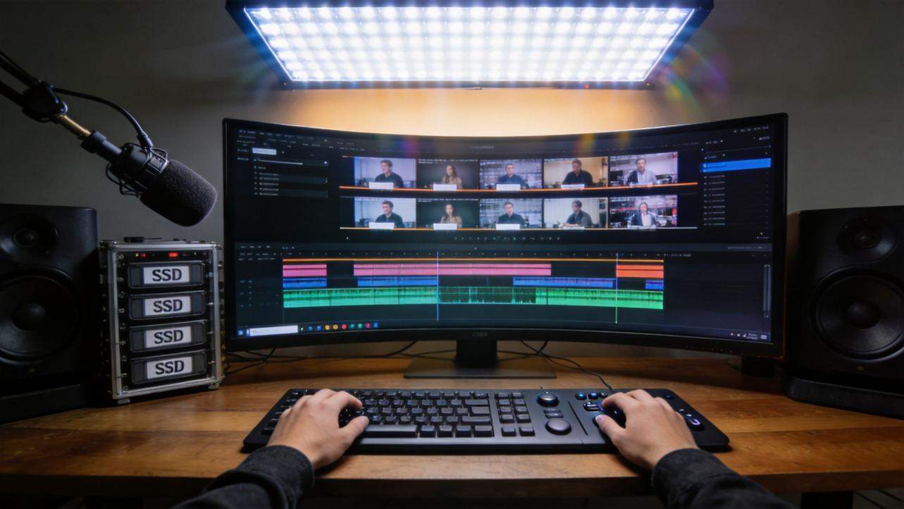 Curved monitor showing a video editing timeline, with a keyboard, microphone, speakers, and stacked SSD drives on a desk