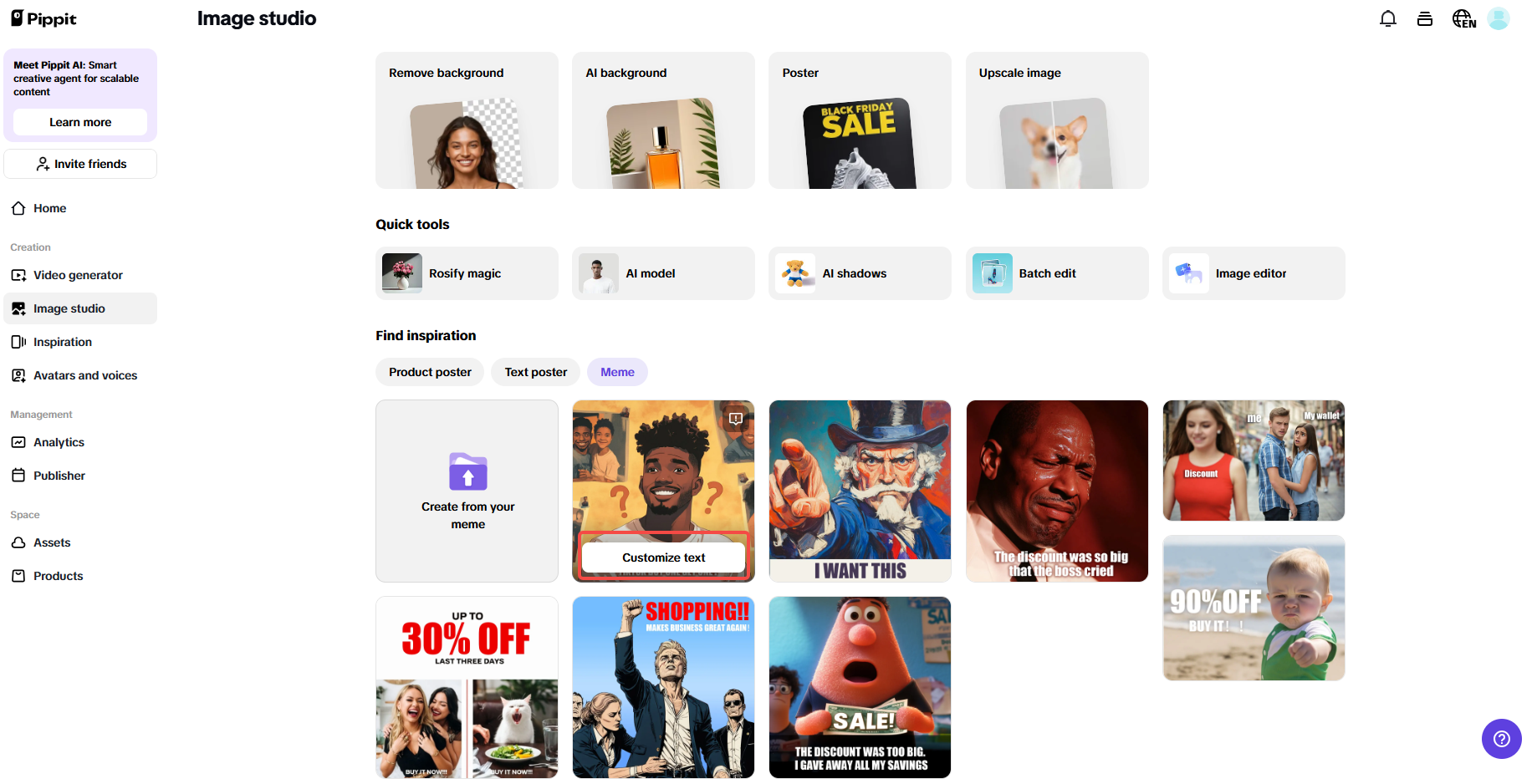 selecting a funny reaction meme in Pippit