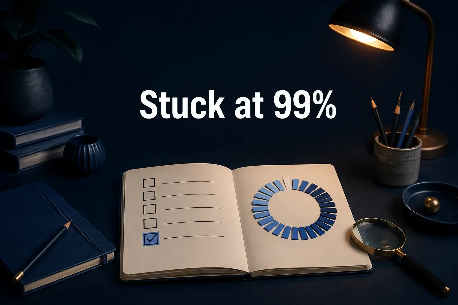 Stuck at 99% cover with a paper checklist and a magnifying glass