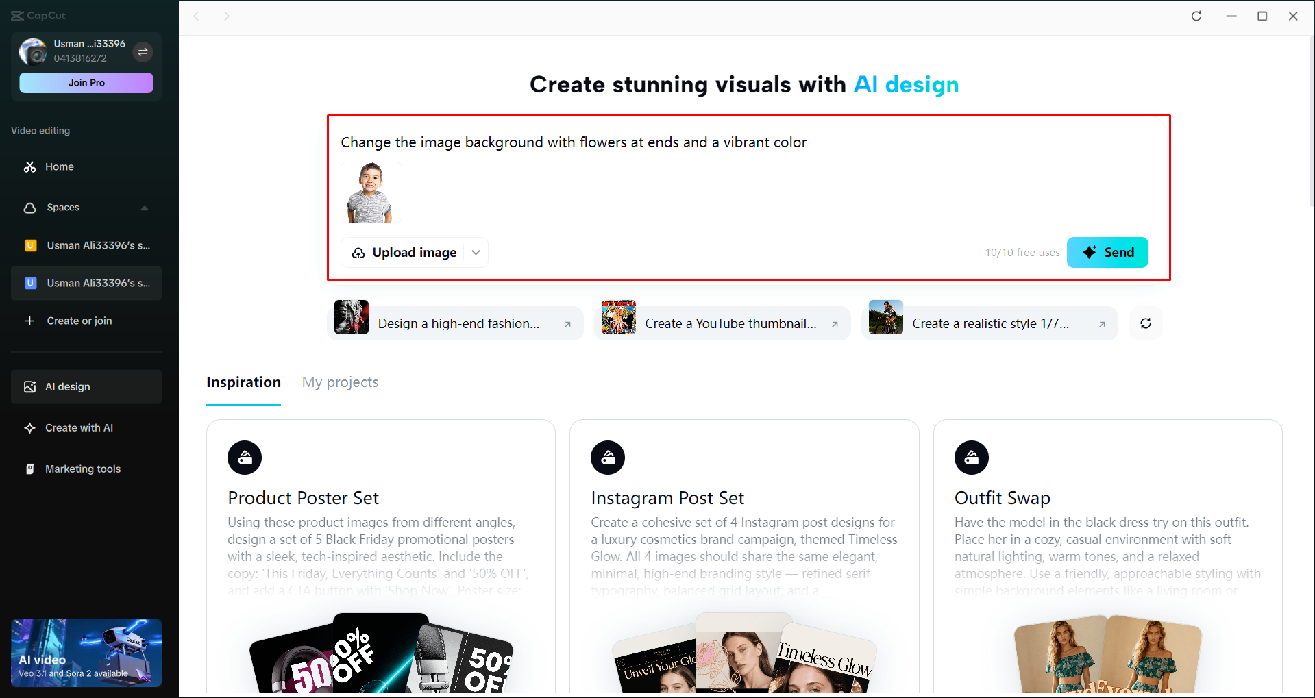 Accessing and uploading an image to CapCut's AI design