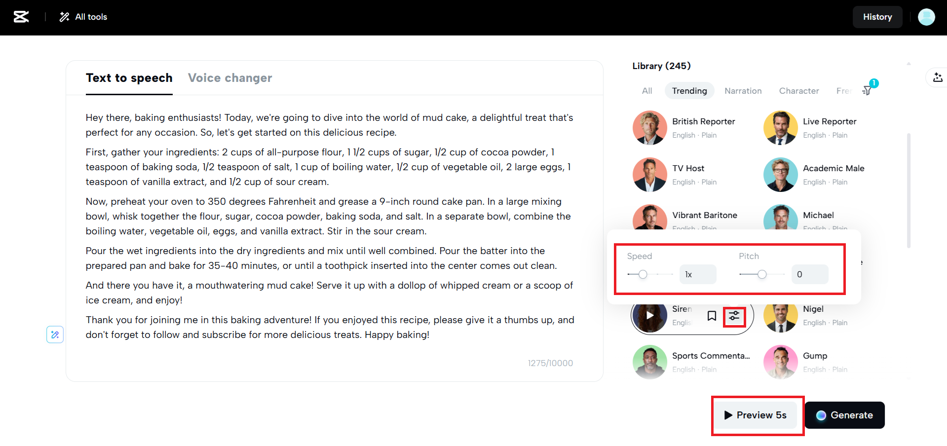 اضبط السرعة والنغمة، ومعاينة 5 ثوانٍ لمطابقة النص الخاص بك.