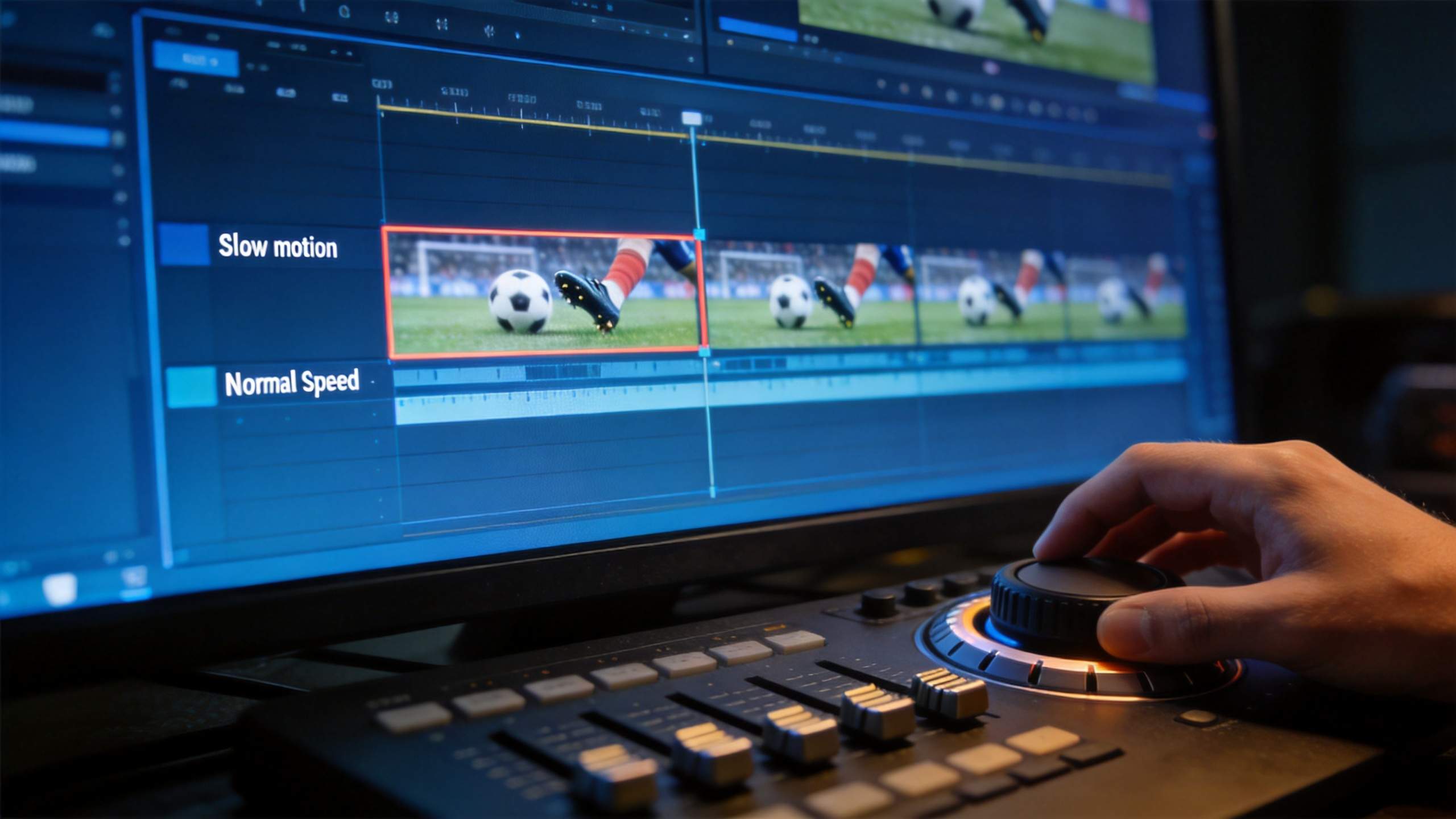 Video editor adjusting slow-motion football clip on a timeline