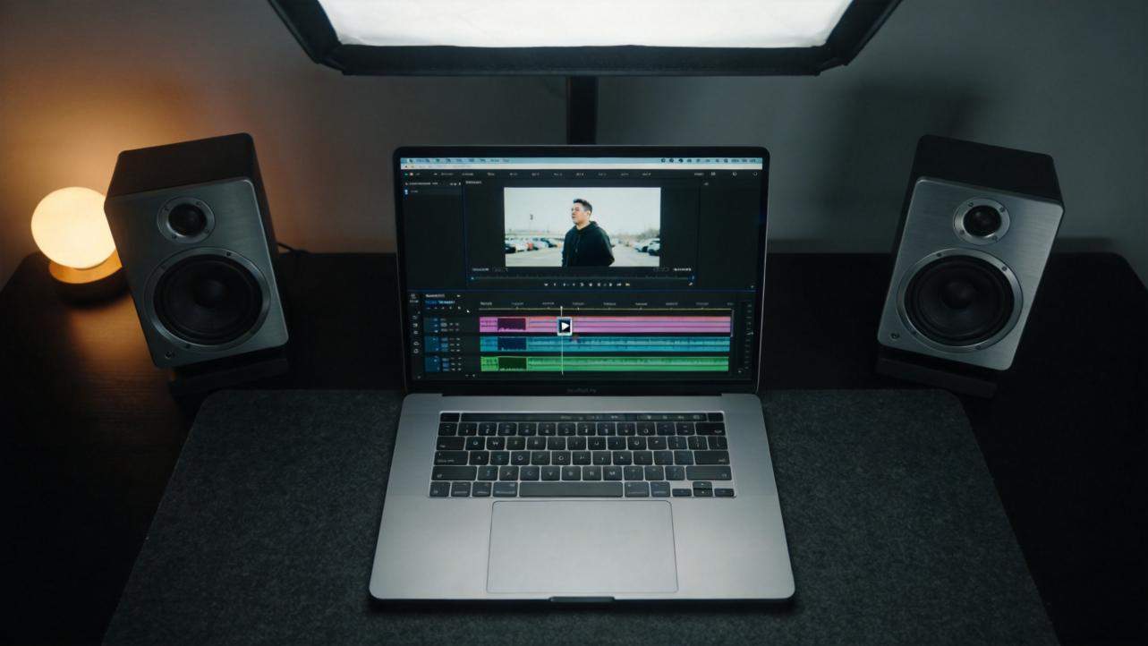 Laptop editing a video with timeline open, flanked by two speakers on a desk