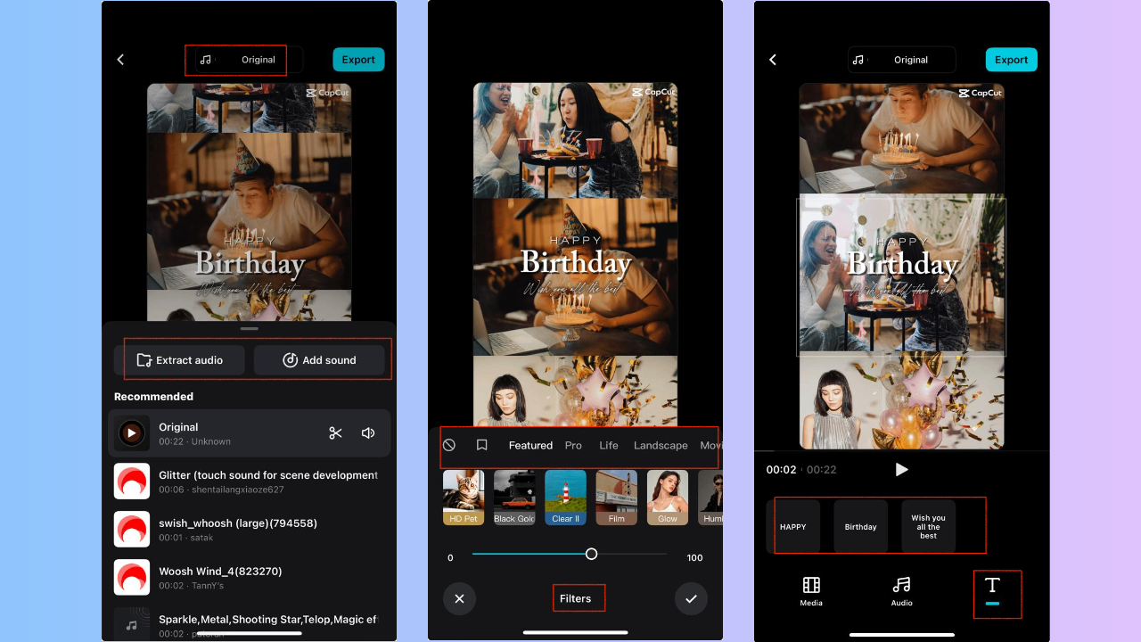 Add audio, filters and text