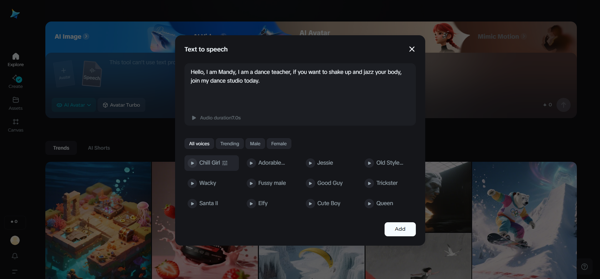 Vozes de IA disponíveis no Dreamina