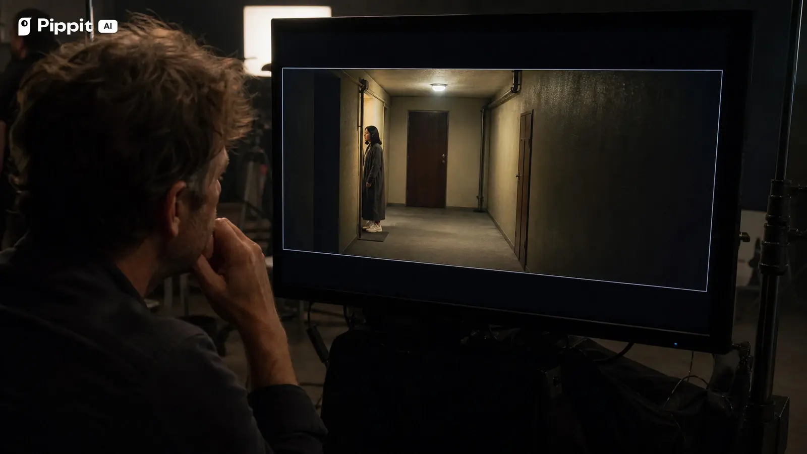 A director studies a locked apartment hallway frame with a person at one edge and empty space beyond.